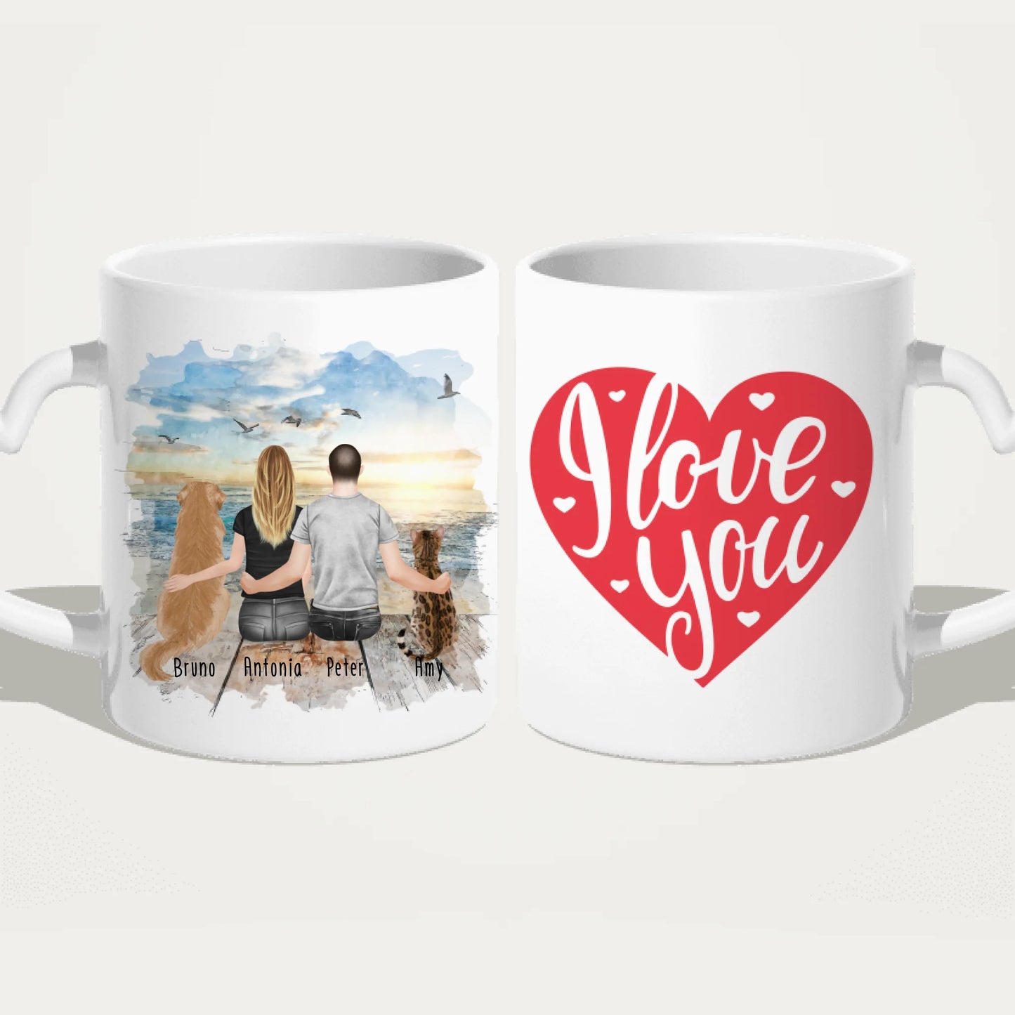 Personalisierte Tasse mit Pärchen und 1 Hund und 1 Katze