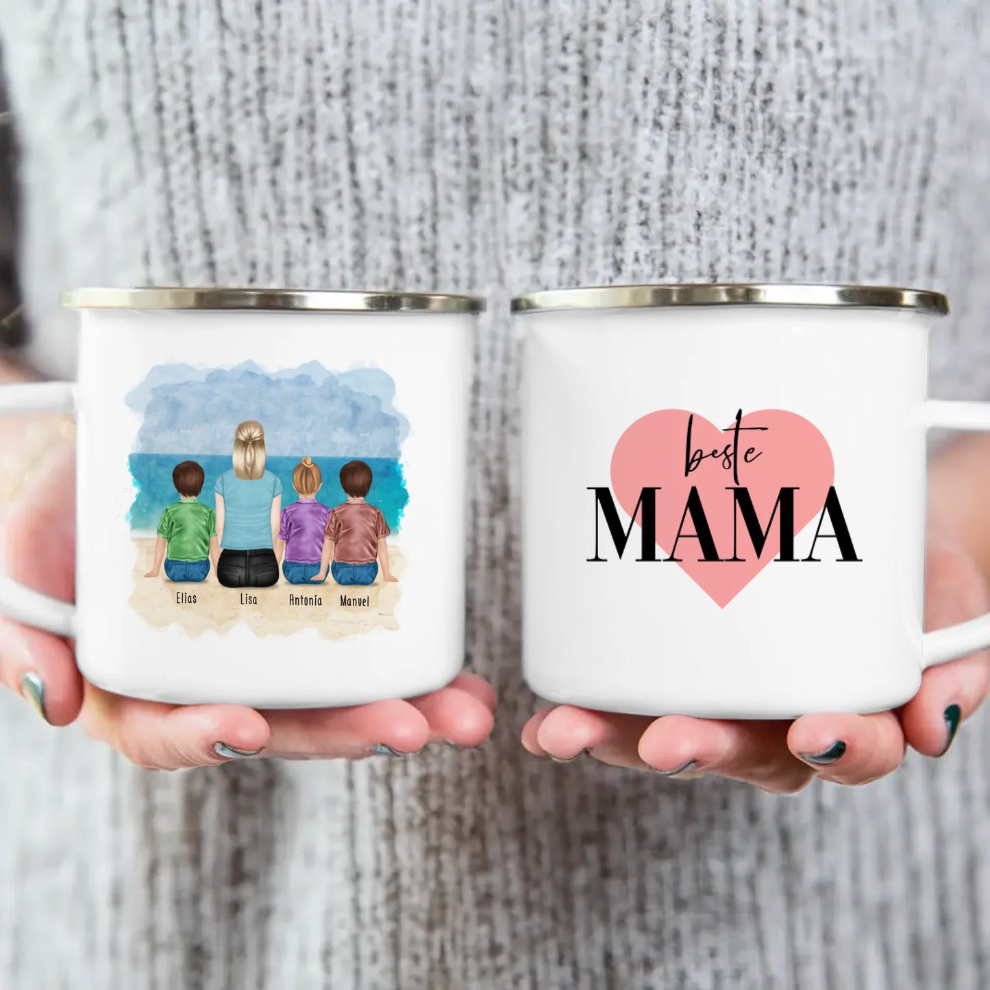 Personalisierte Tasse mit Mutter + 3 Kinder