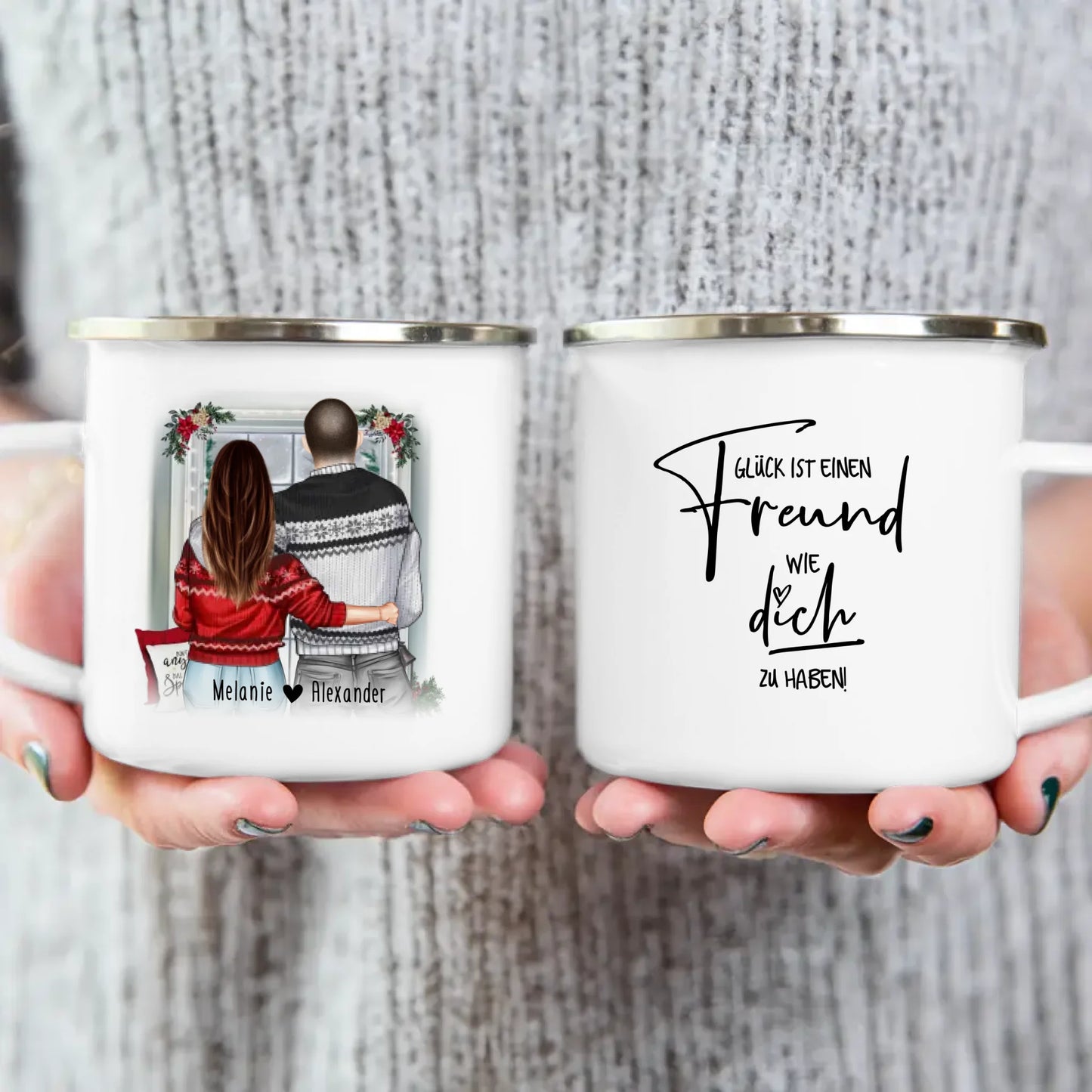 Personalisierte Tasse mit Paar in Weihnachtspullovern (stehend) - Pärchen Tasse - Weihnachtstasse