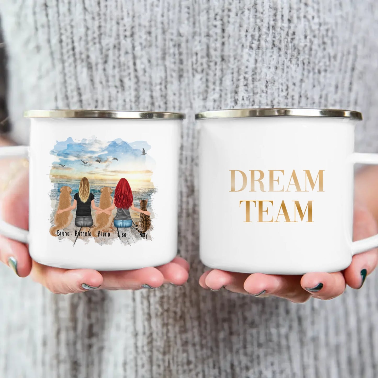 Personalisierte Tasse 2 Frauen + 2 Hunde + 1 Katze