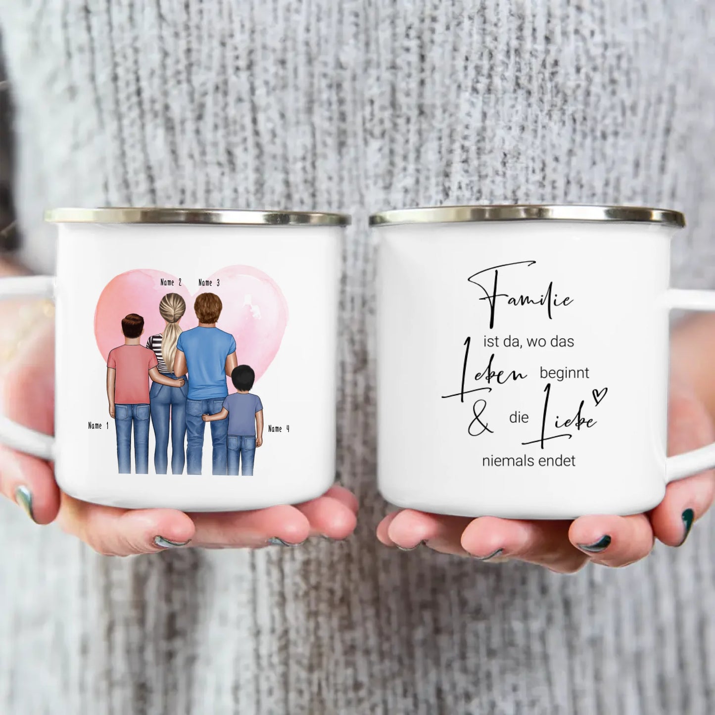 Personalisierte Tasse - Familie + 2 Babys/Kinder/Teenager stehend