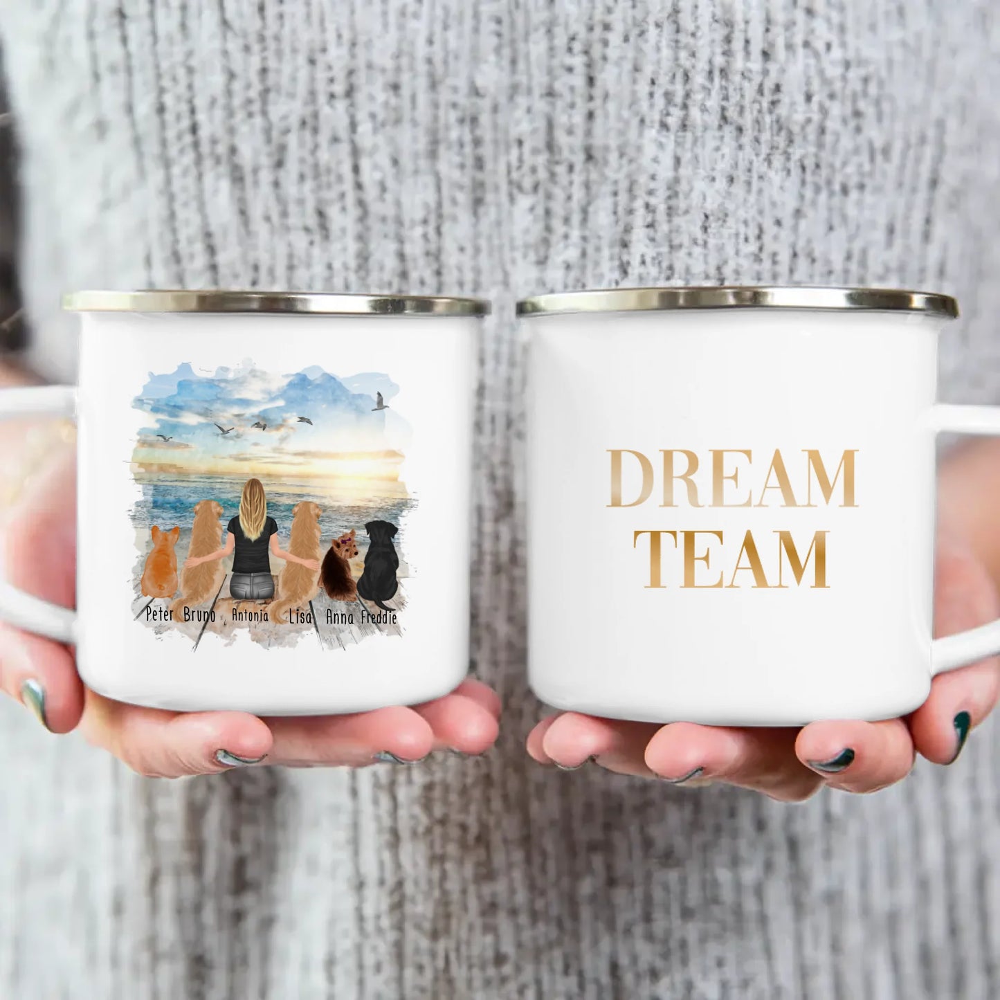 Personalisierte Tasse 1 Frau + 5 Hunde