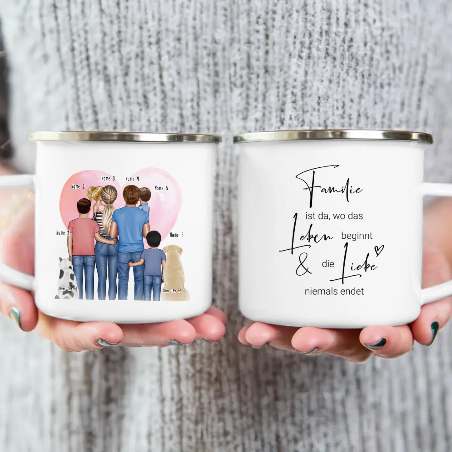 Personalisierte Tasse - Familie + 1-4 Kinder + 1-2 Hunde/Katzen