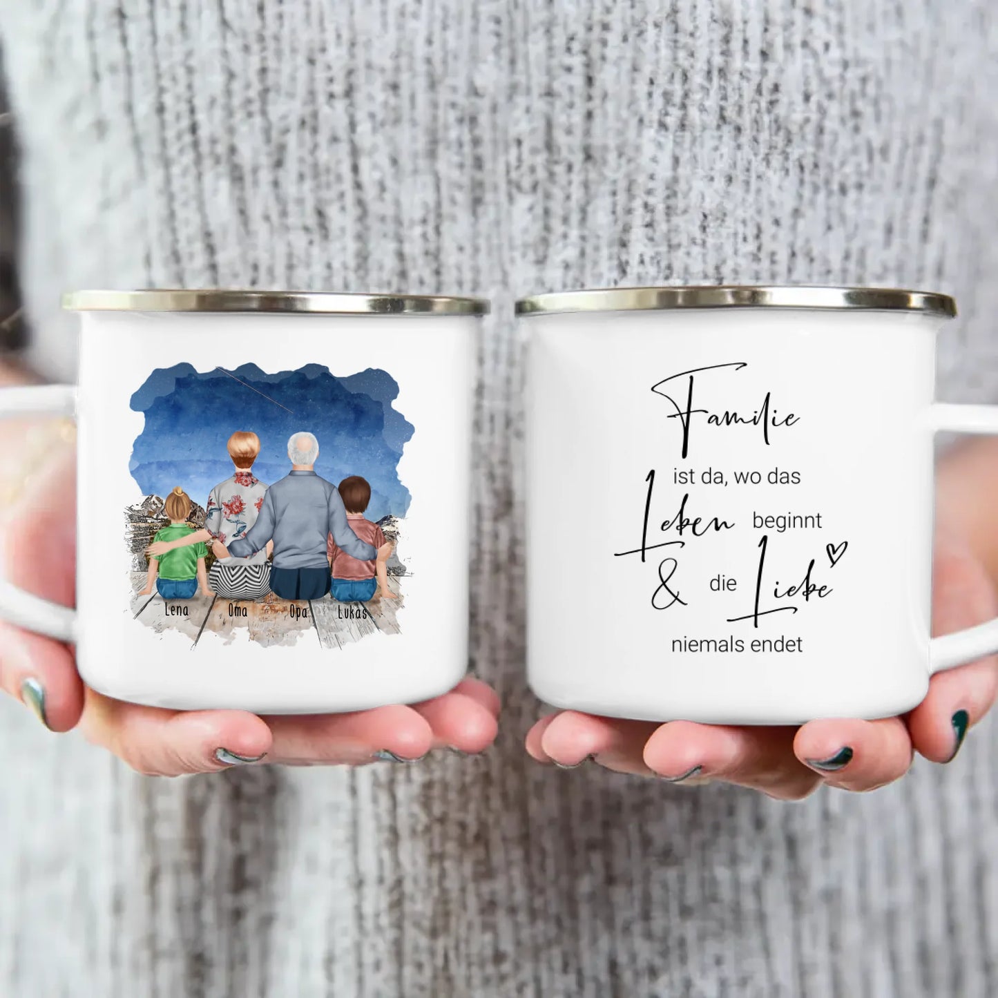 Personalisierte Tasse für Oma und Opa (1 Kleinkind + 1 Kind + 1 Oma + 1 Opa)