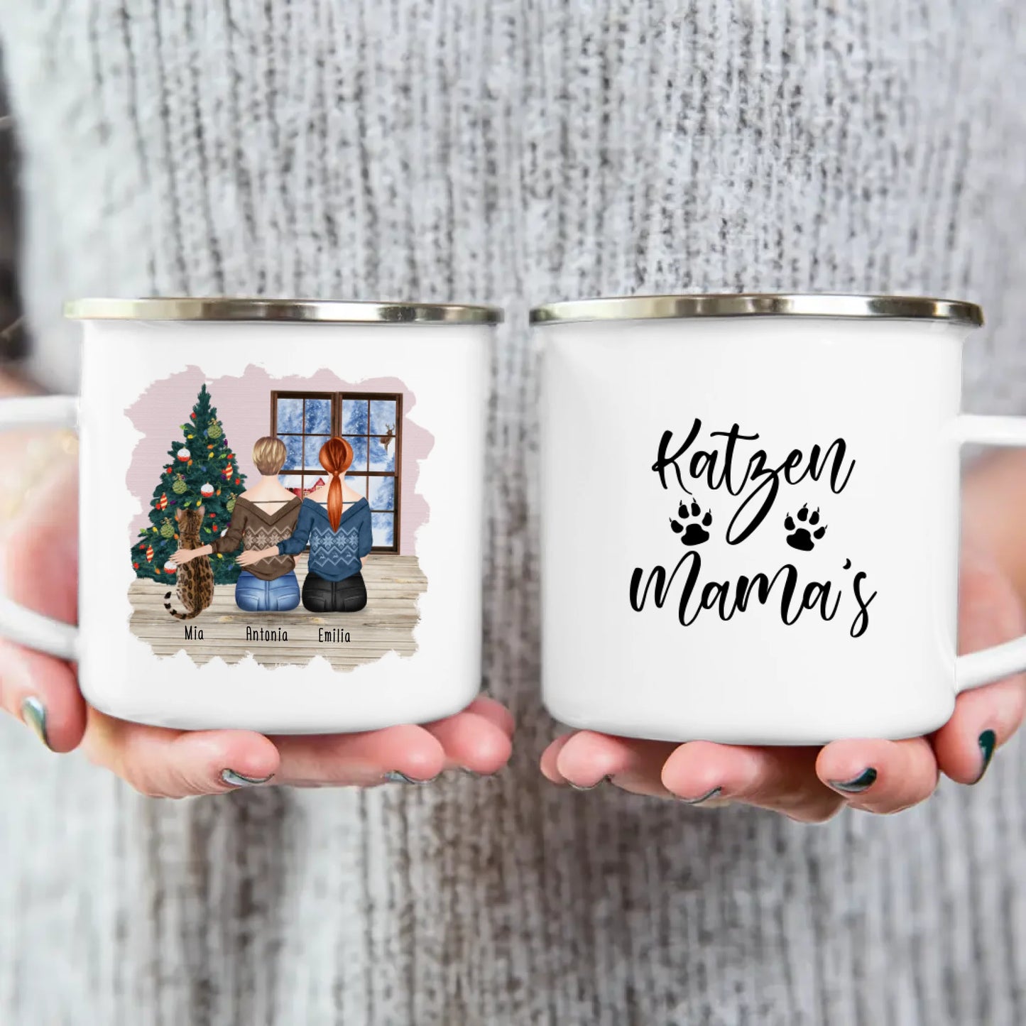 Personalisierte Tasse mit Katze und Frauen (1 Katze + 2 Frauen) - Weihnachtstasse