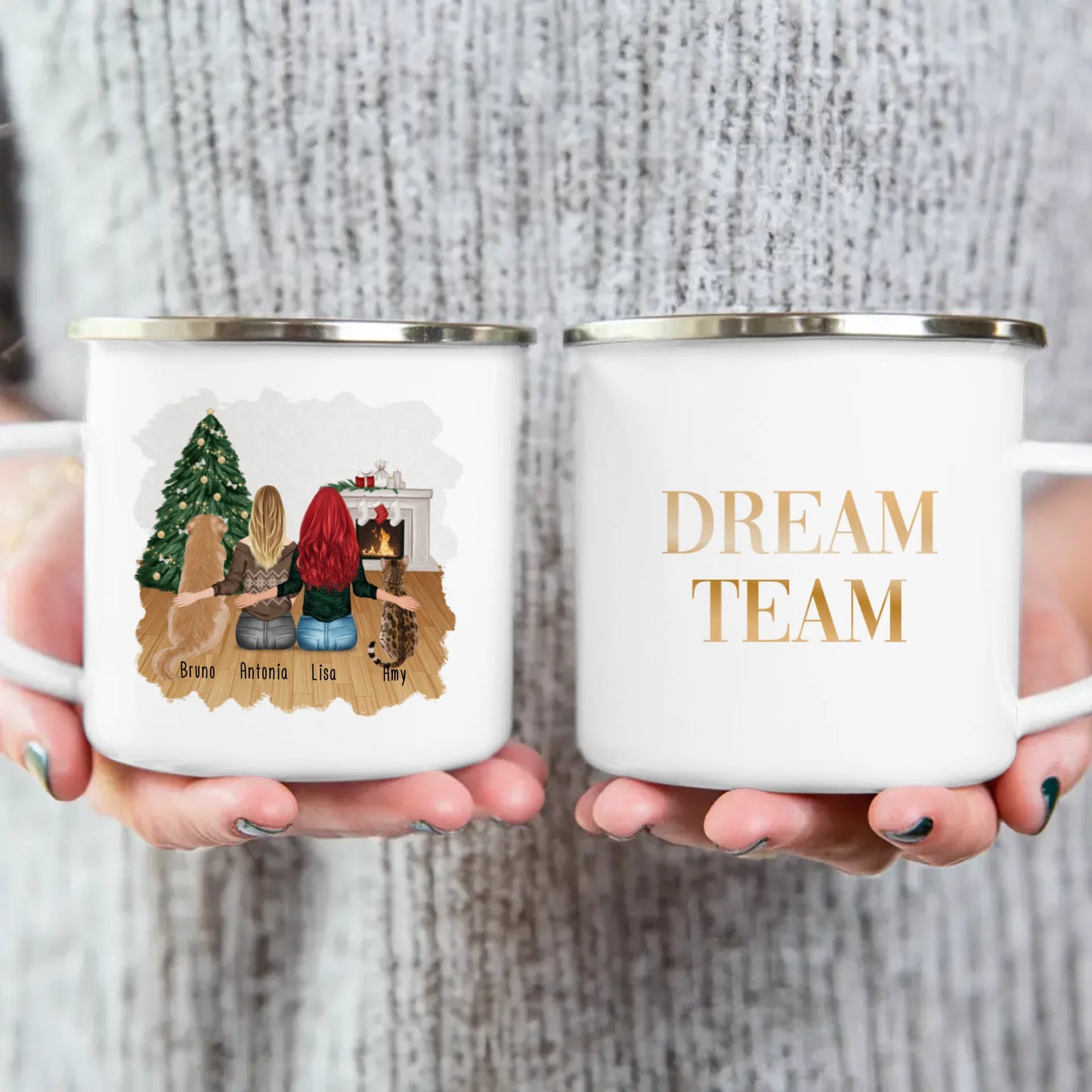 Personalisierte Tasse mit Hund, Katze und Frauen (1 Hund + 1 Katze + 2 Frauen) - Weihnachtstasse