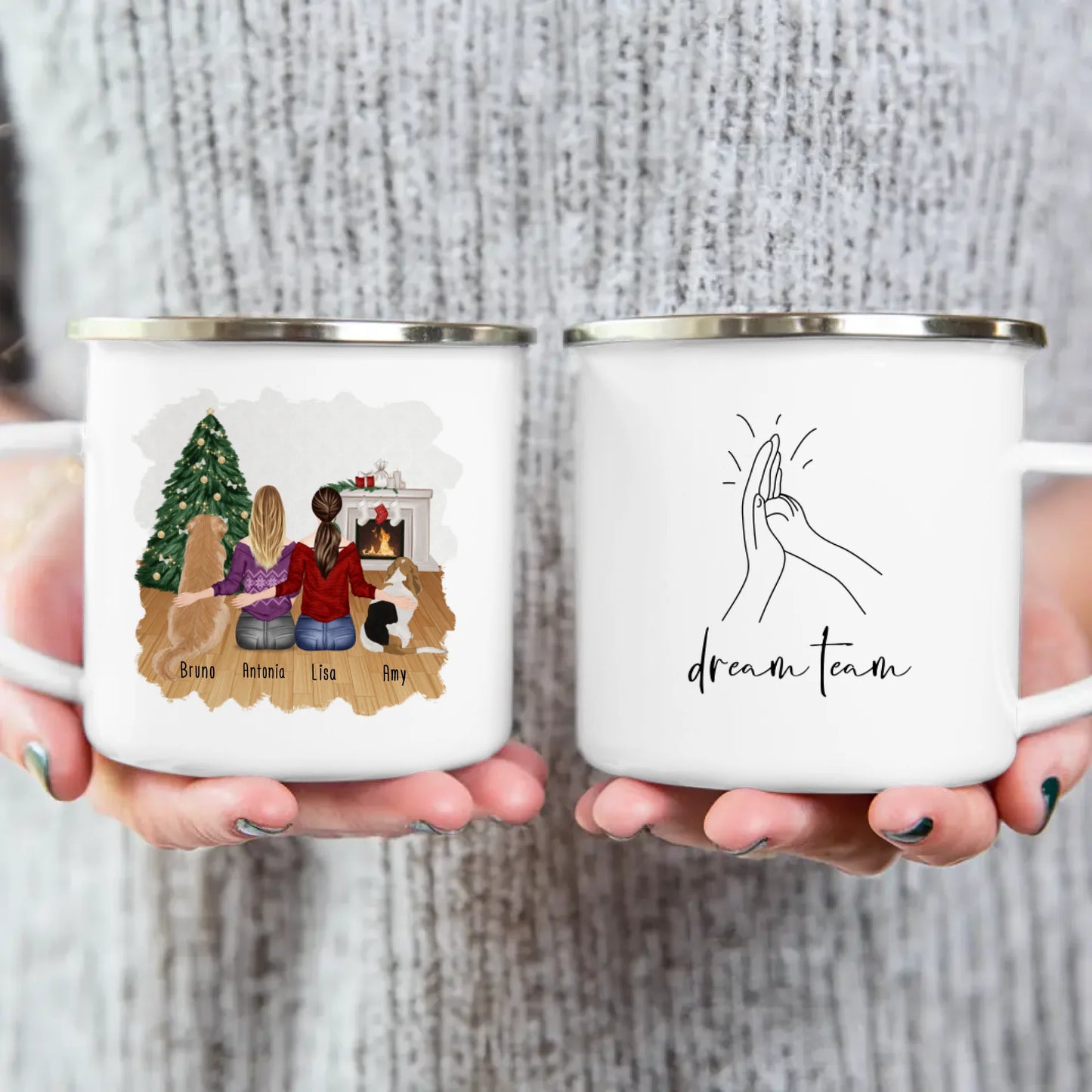 Personalisierte Tasse mit Hunden und Frauen (2 Hunde + 2 Frauen) - Weihnachtstasse