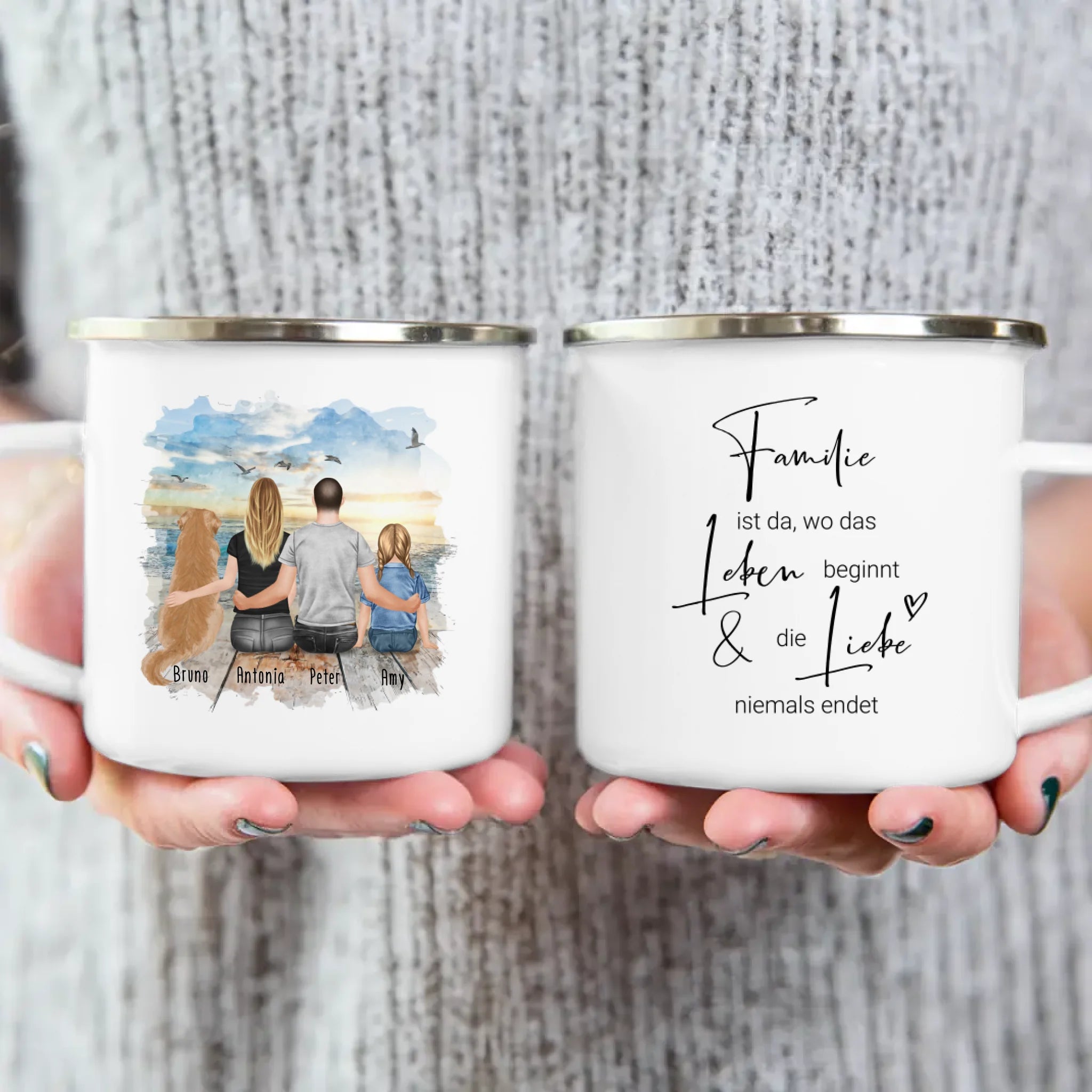 Personalisierte Tasse mit Familie + 1 Hund (1 Kind)