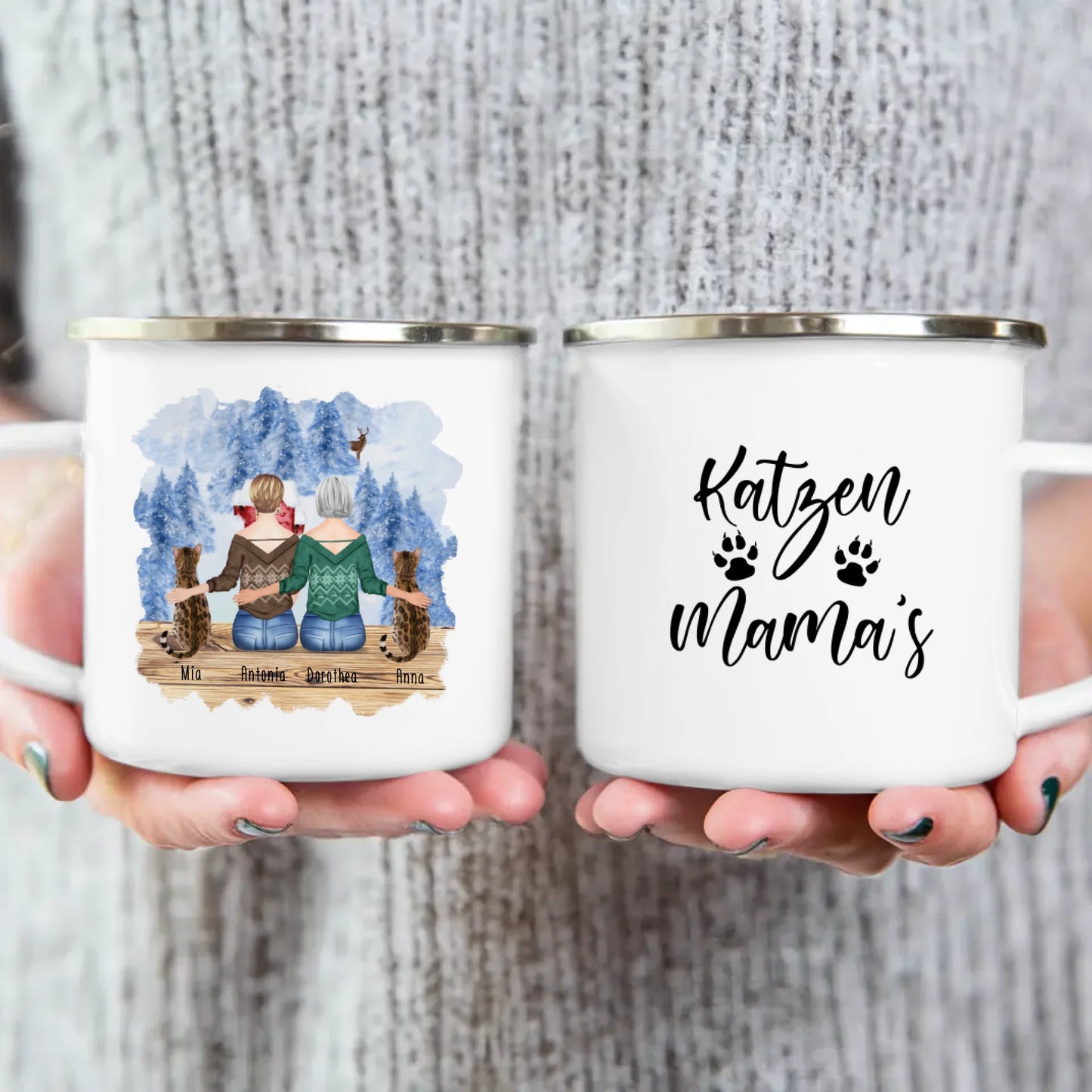 Personalisierte Tasse mit Katzen und Frauen (2 Katzen + 2 Frauen) - Weihnachtstasse