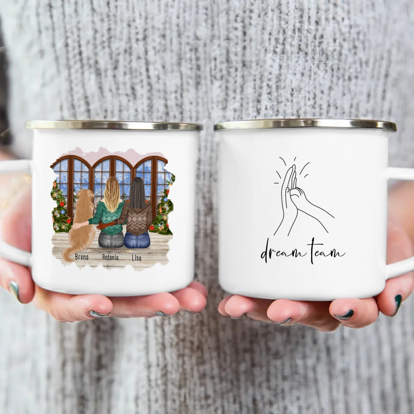 Personalisierte Tasse mit Hund und Frauen (1 Hund + 2 Frauen) - Weihnachtstasse