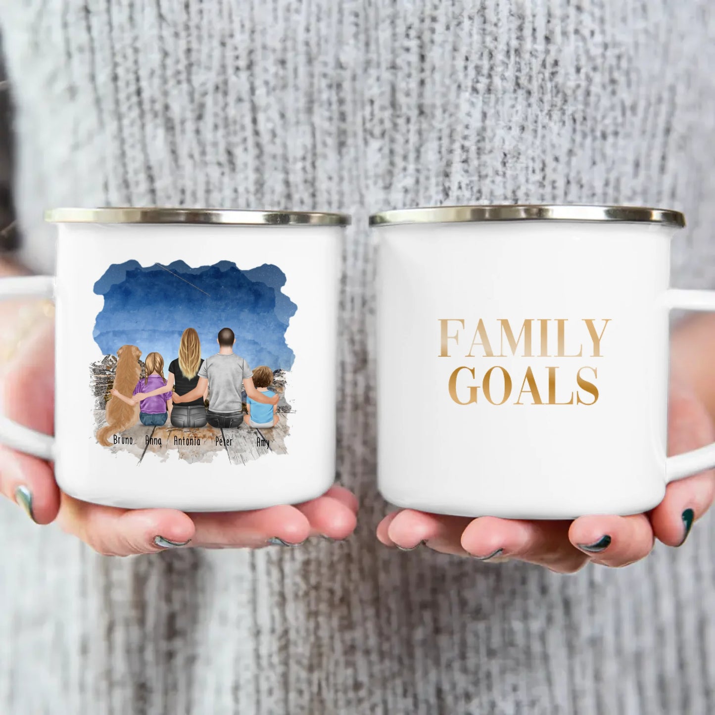 Personalisierte Tasse mit Familie + 1 Hund (1 Baby + 1 Kind)