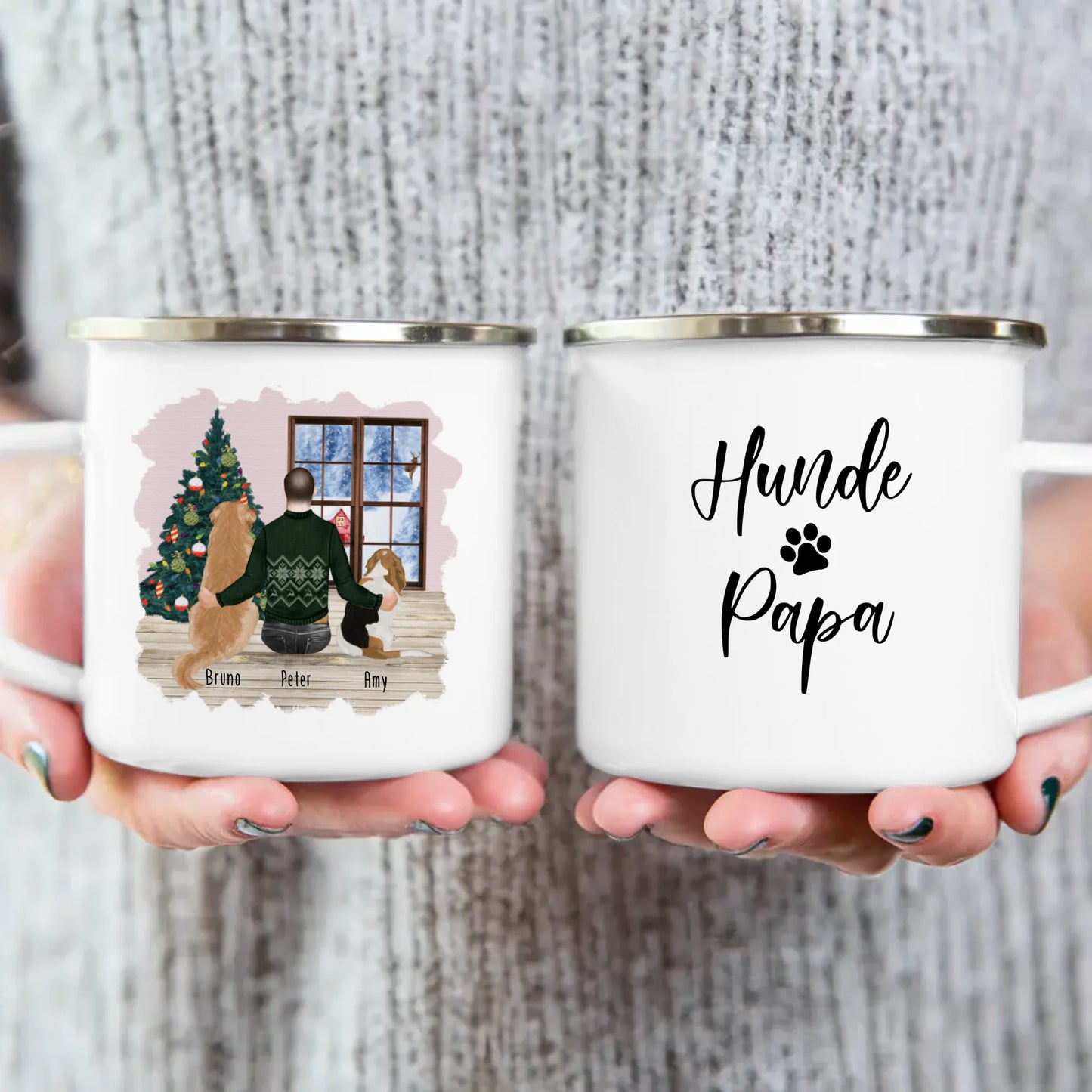 Personalisierte Tasse mit Hund und Mann (2 Hunde + 1 Mann) - Weihnachtstasse