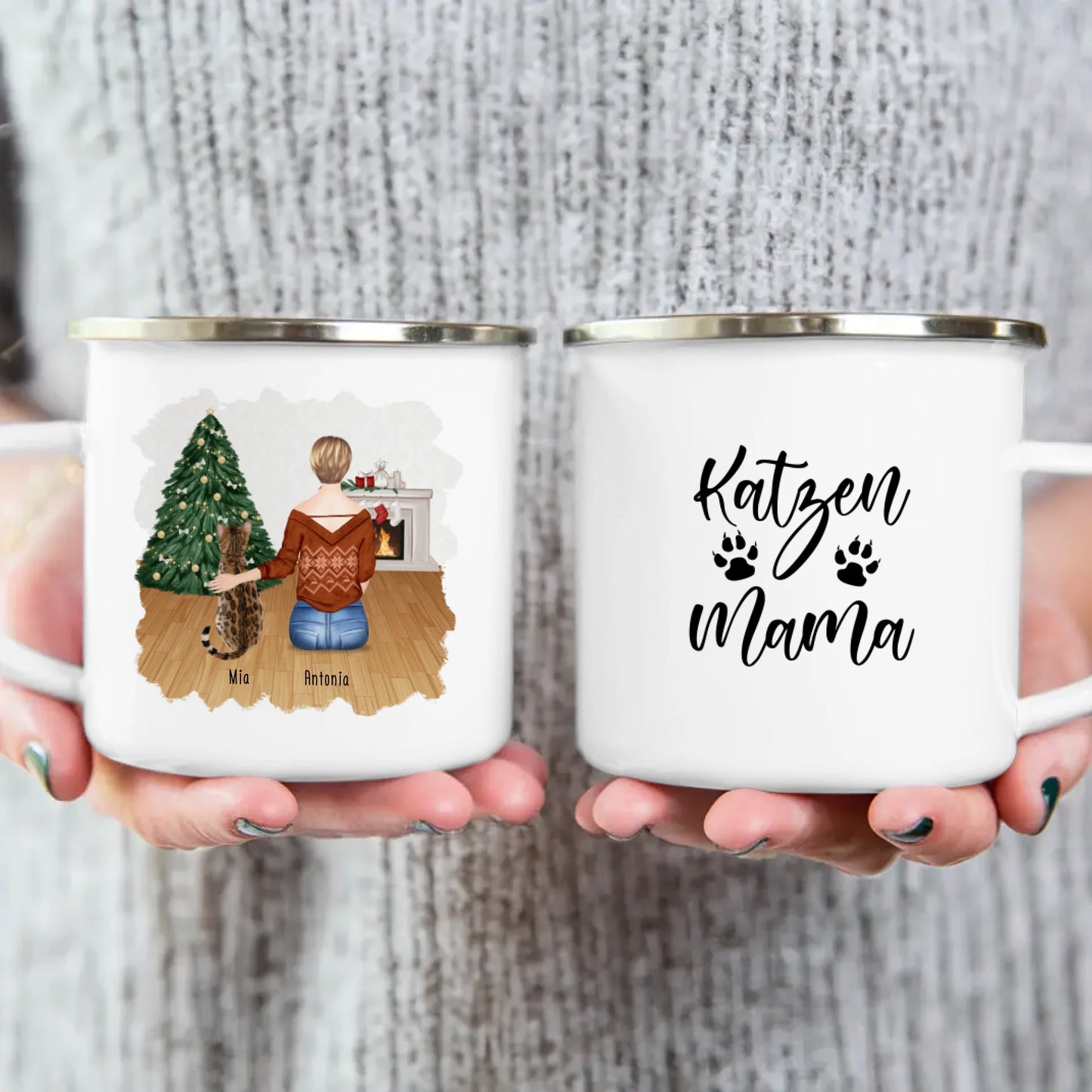 Personalisierte Tasse mit Katze und Frau (1 Katze + 1 Frau) - Weihnachtstasse