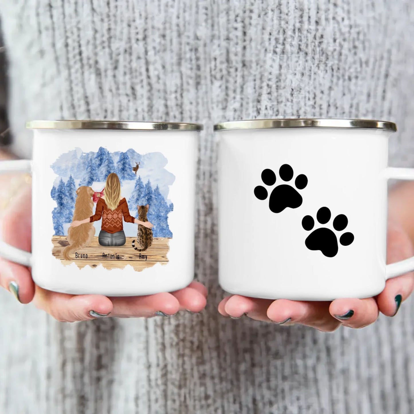 Personalisierte Tasse mit Hund/Katze/Frau (1 Hunde + 1 Katze + 1 Frau) - Weihnachtstasse