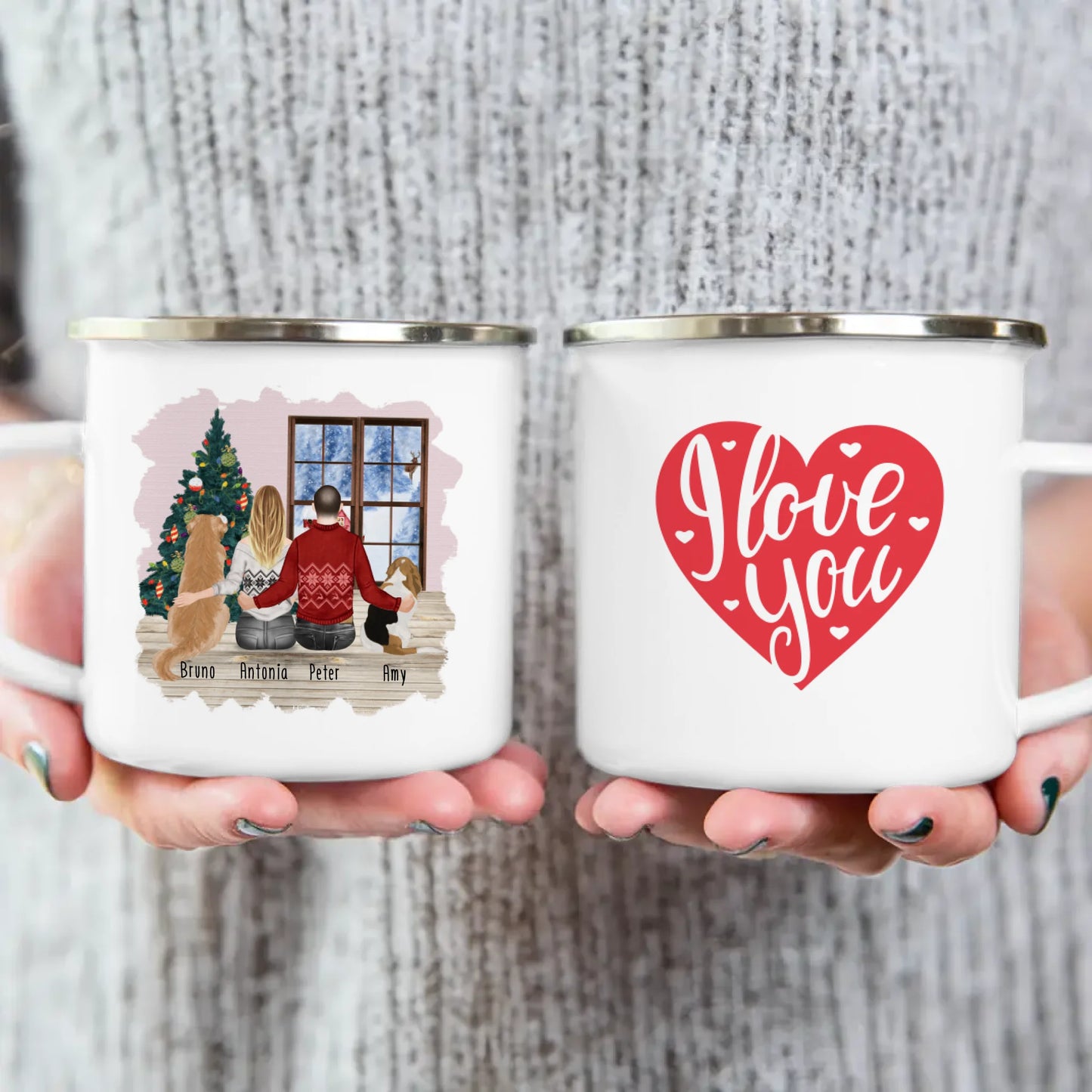 Personalisierte Tasse mit Pärchen und 2 Hunden - Weihnachtstasse