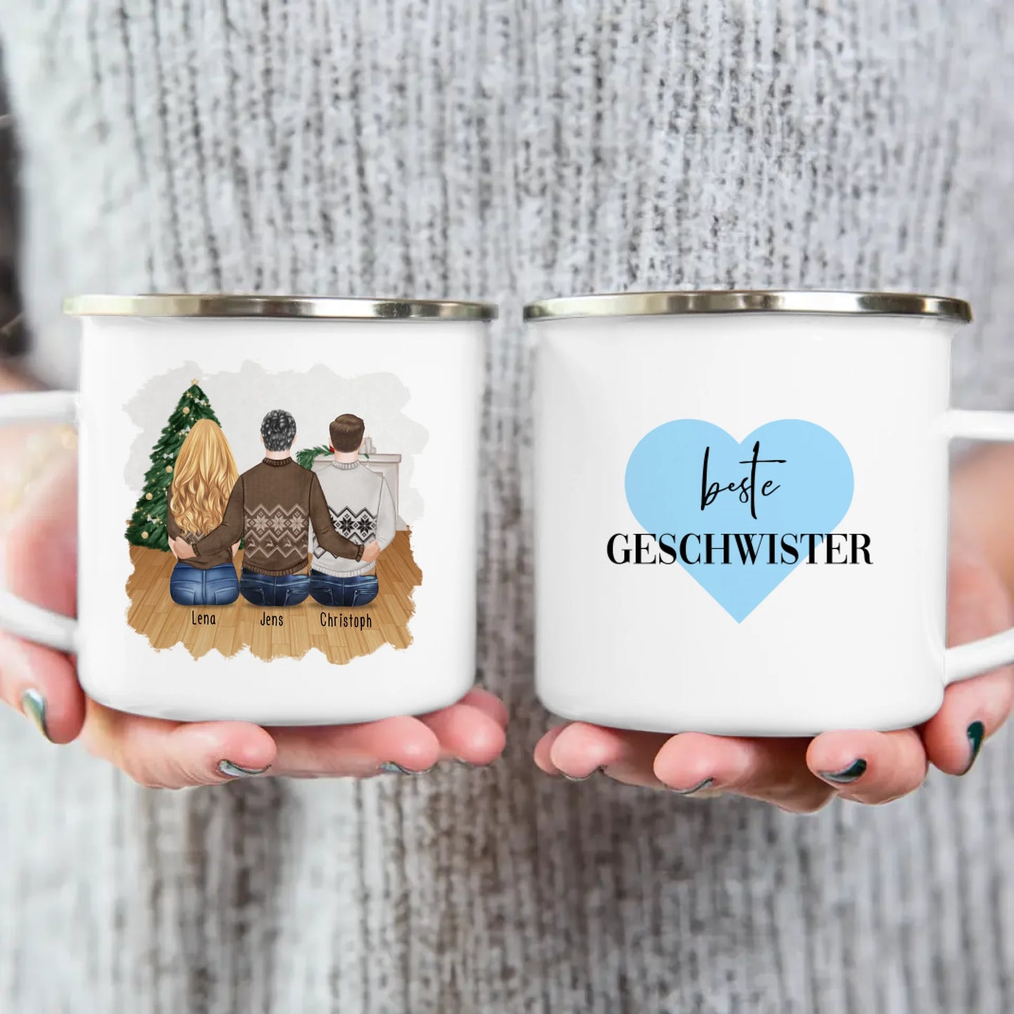 Personalisierte Tasse mit Bruder/Schwester (1 Schwester + 2 Brüder) - Weihnachtstasse