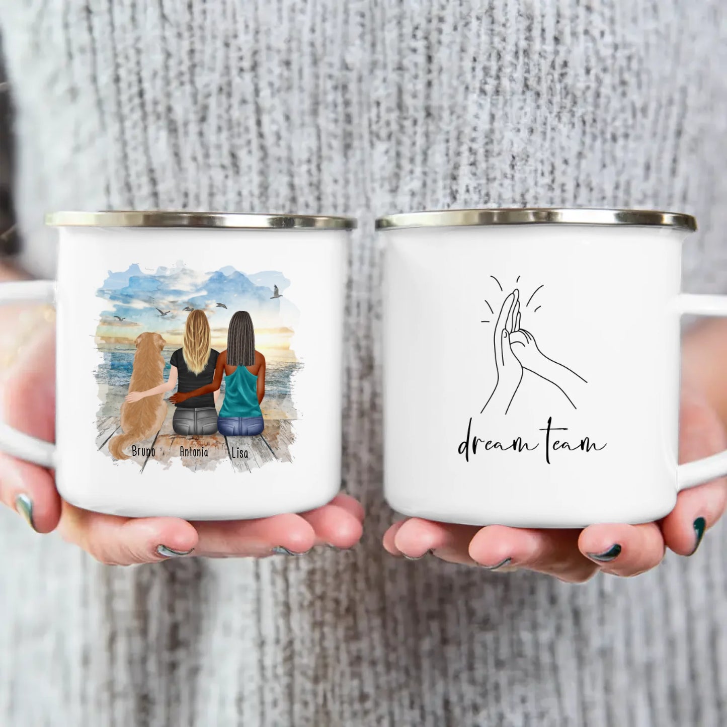 Personalisierte Tasse mit Hund und Frauen (1 Hund + 2 Frauen)