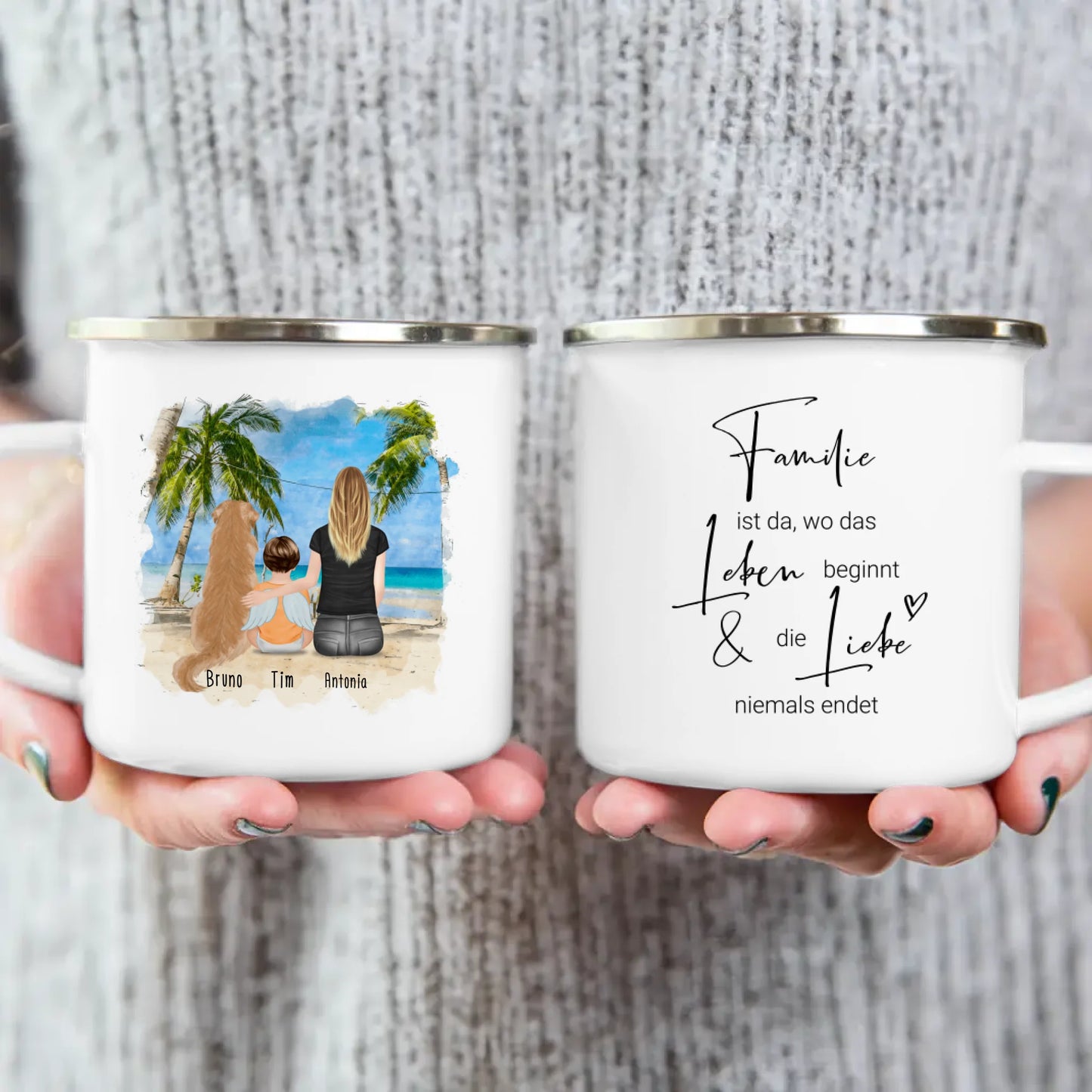 Personalisierte Tasse -  1 Mama + 1 Baby mit Engelsflügeln + 1 Hund