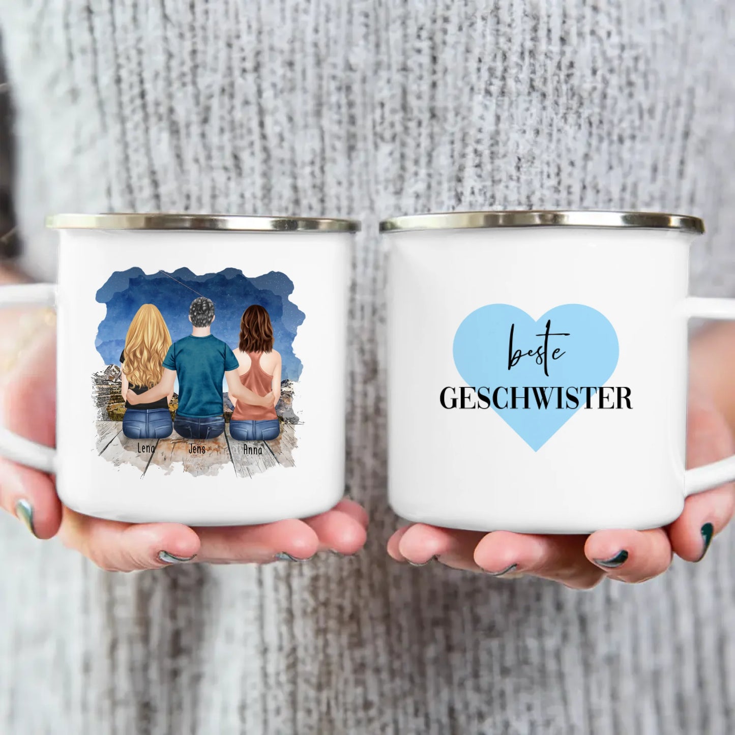 Personalisierte Tasse mit Bruder/Schwester (2 Schwester + 1 Bruder)