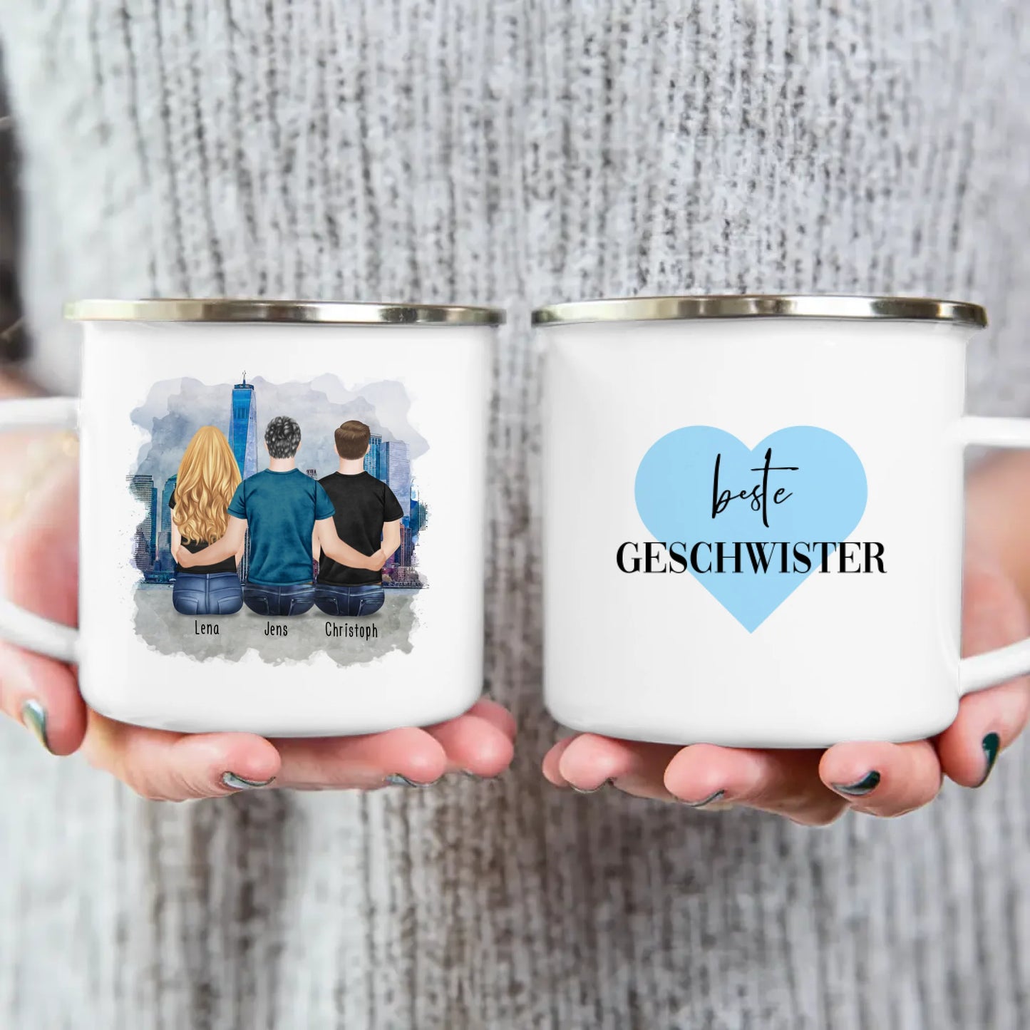 Personalisierte Tasse mit Bruder/Schwester (1 Schwester + 2 Brüder)