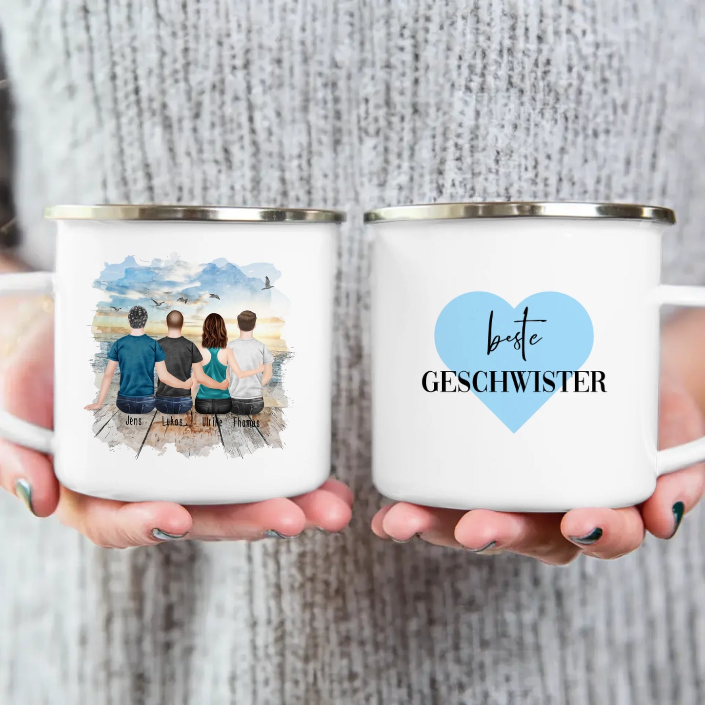 Personalisierte Tasse mit Bruder/Schwester (1 Schwester + 3 Brüder)