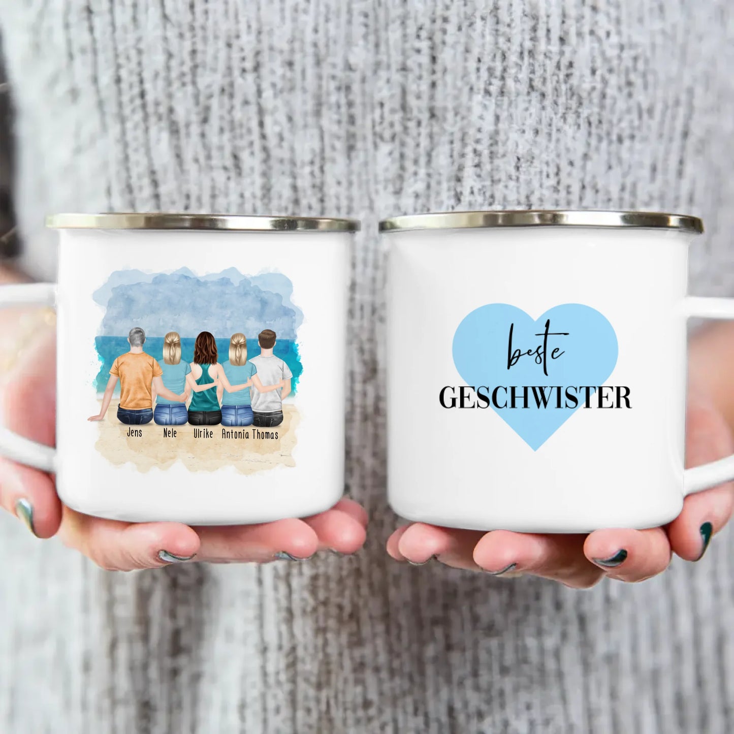 Personalisierte Tasse mit Bruder/Schwester (3 Schwestern + 2 Brüder)