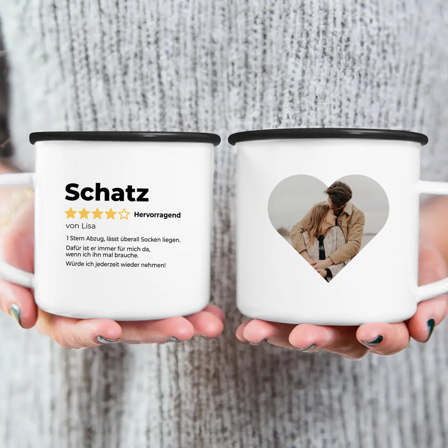 Personalisierte Tasse - Karte in Herzform, Spruch, Namen & Ort