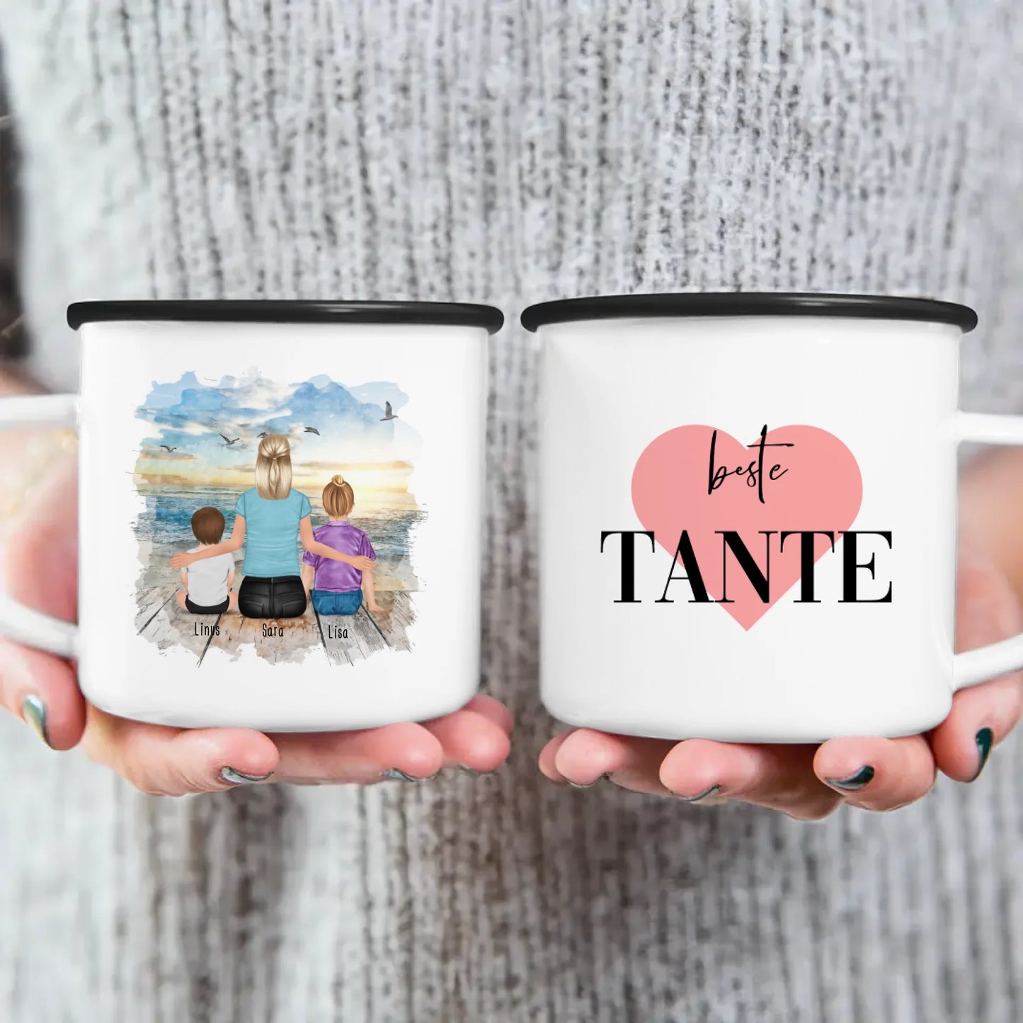 Personalisierte Tasse mit Tante (1 Baby + 1 Kind + 1 Tante)