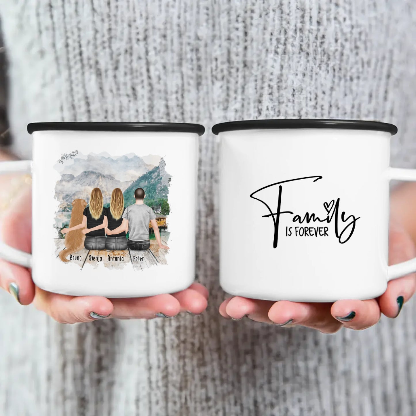 Personalisierte Tasse -  2 Frauen + 1 Mann + 1 Hund