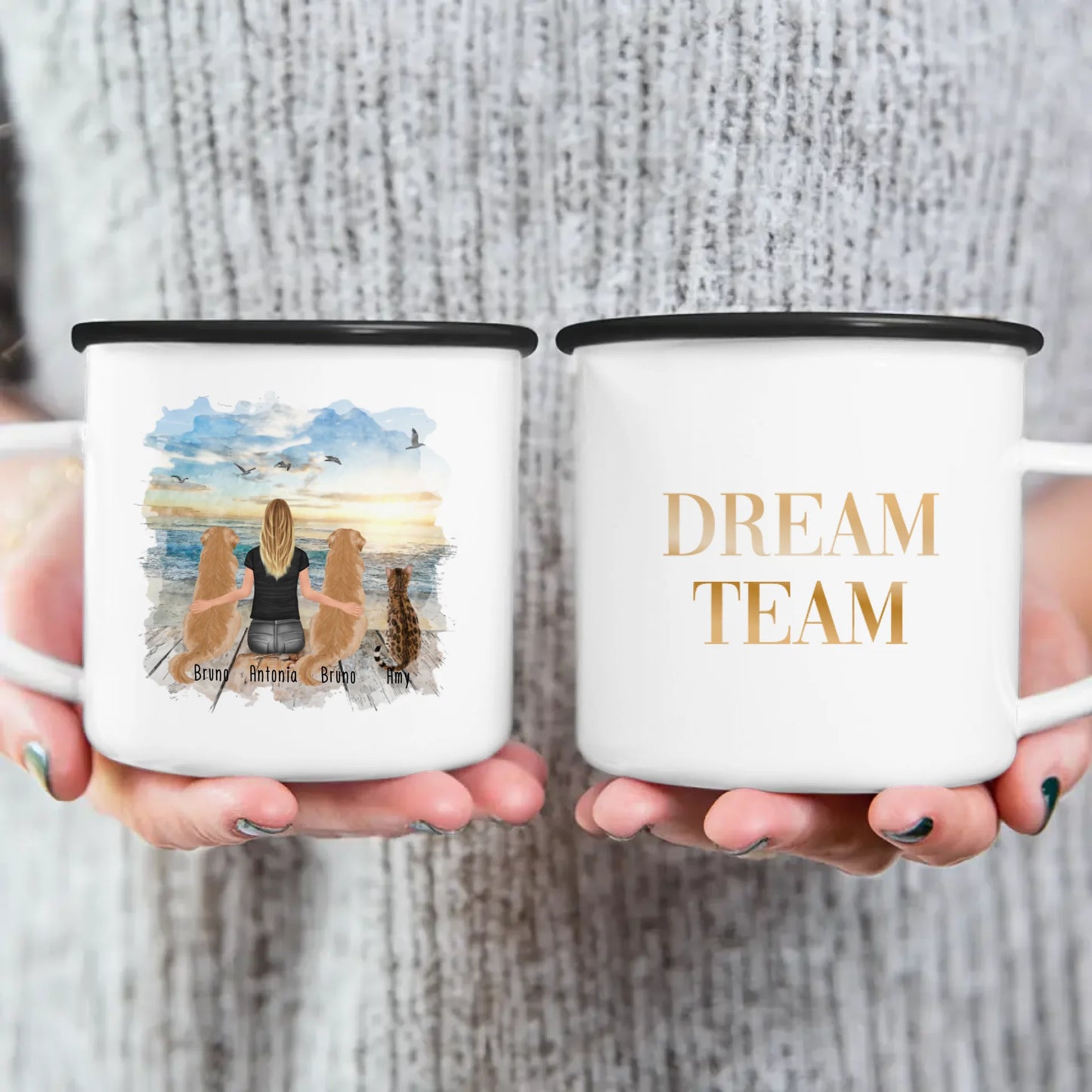 Personalisierte Tasse 1 Frau + 2 Hunde + 1 Katze