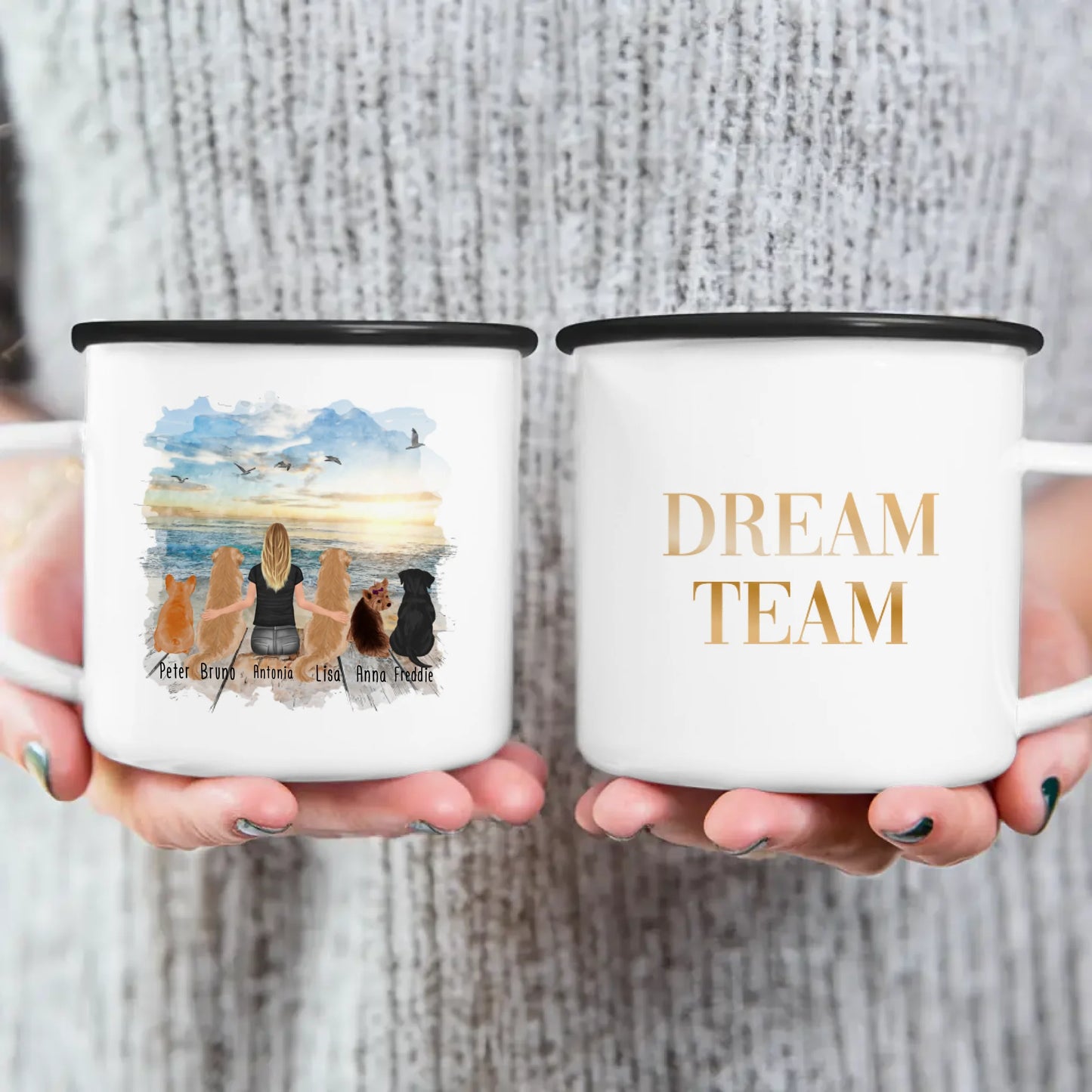 Personalisierte Tasse 1 Frau + 5 Hunde