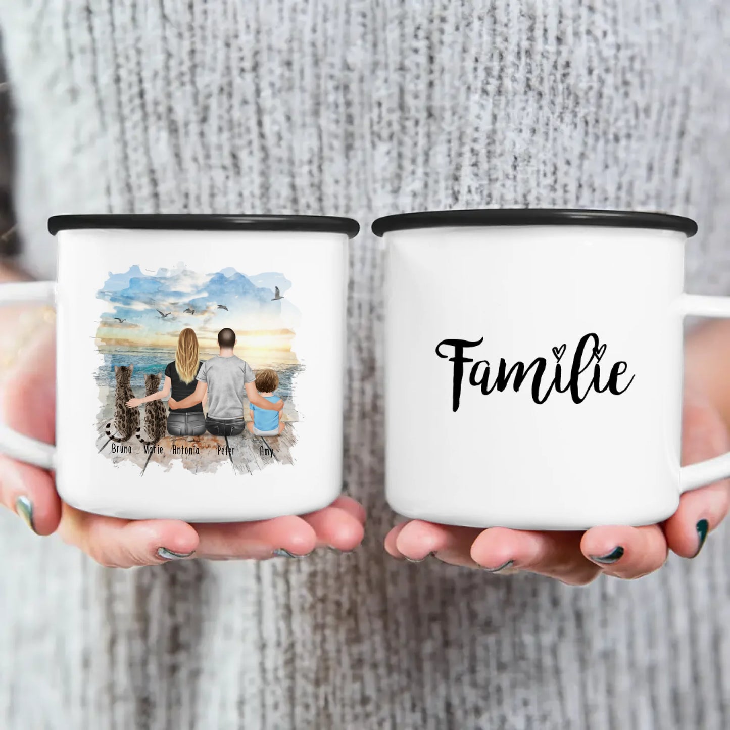 Personalisierte Tasse mit Familie + 2 Katzen (1 Baby) (Version 2)