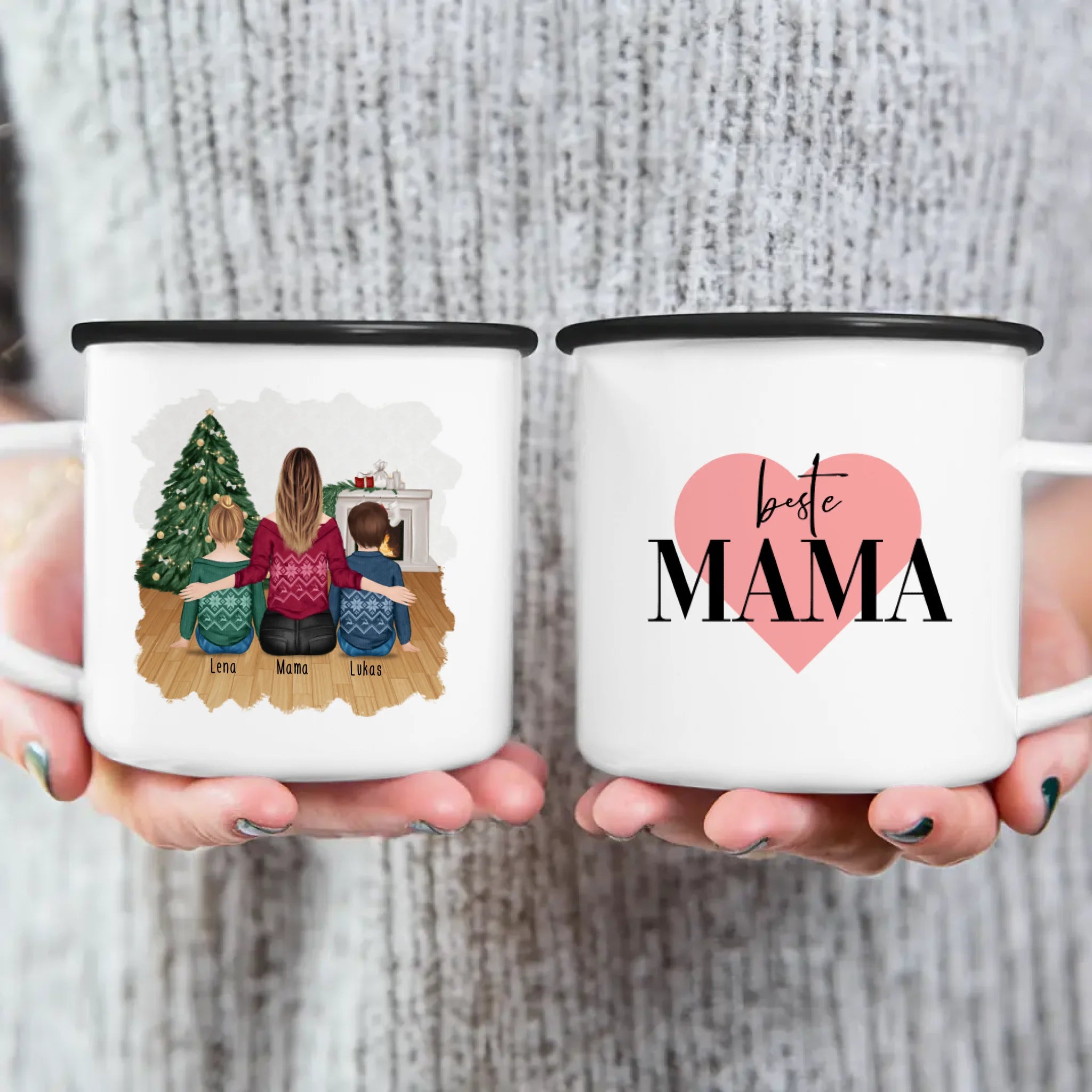 Personalisierte Tasse mit Mutter und Kindern (2 Kinder + 1 Mutter) - Weihnachtstasse