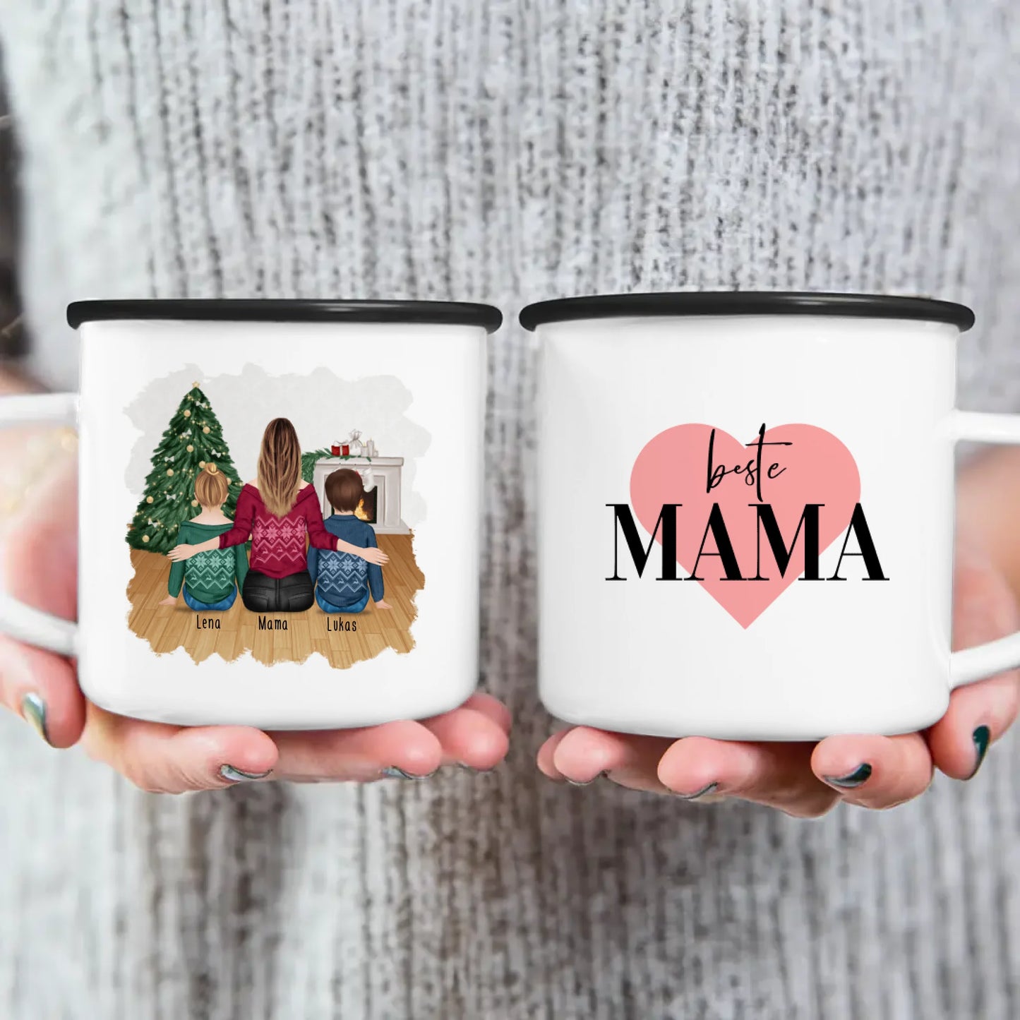 Personalisierte Tasse mit Mutter und Kindern (2 Kinder + 1 Mutter) - Weihnachtstasse