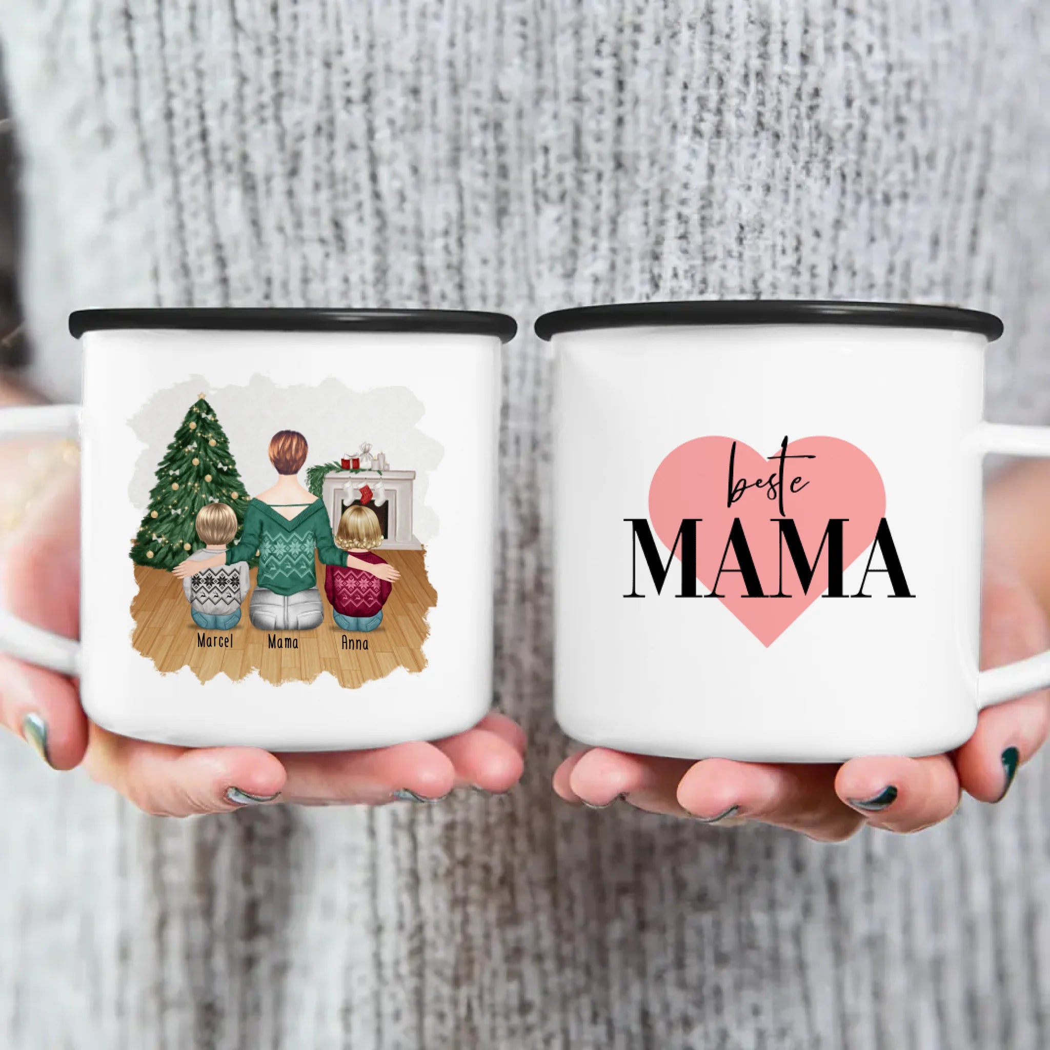 Personalisierte Tasse mit Mutter und Kindern (2 Kinder + 1 Mutter) - Weihnachtstasse