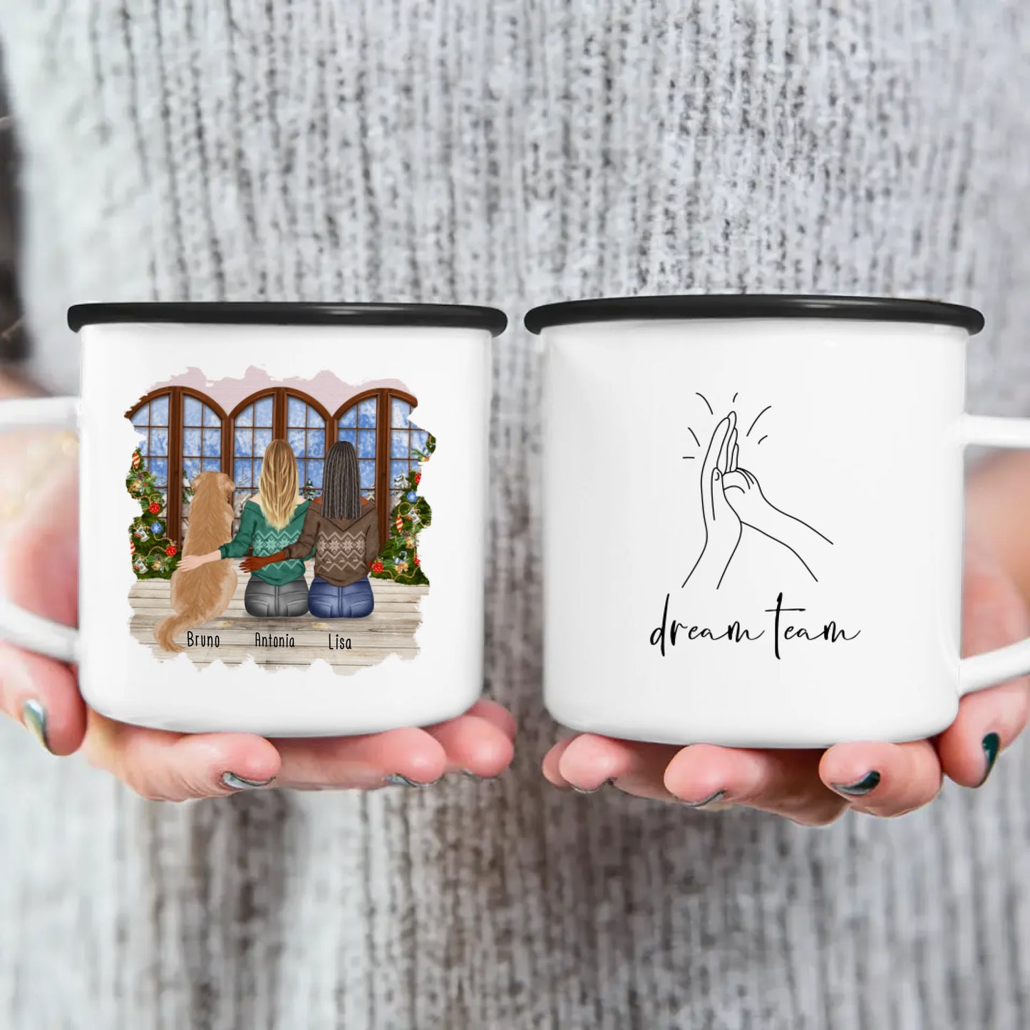 Personalisierte Tasse mit Hund und Frauen (1 Hund + 2 Frauen) - Weihnachtstasse