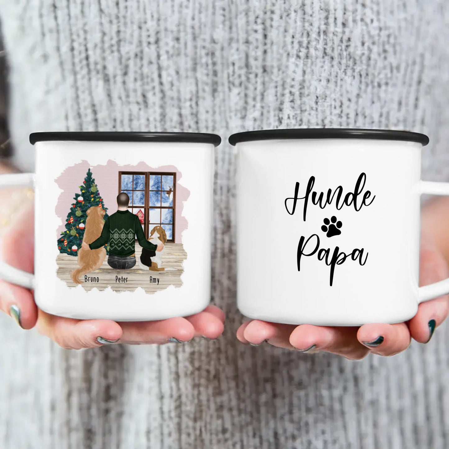 Personalisierte Tasse mit Hund und Mann (2 Hunde + 1 Mann) - Weihnachtstasse