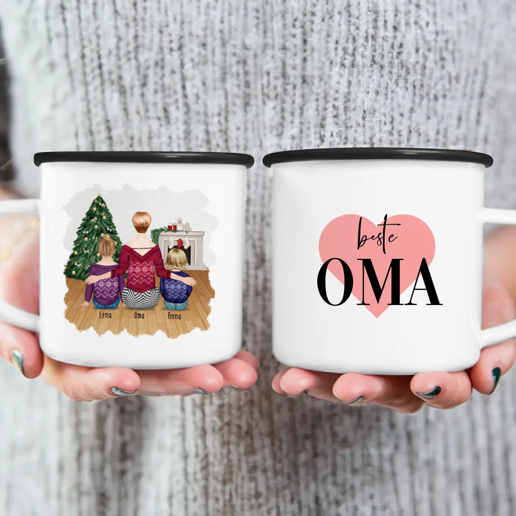 Personalisierte Tasse für Oma (1 Baby + 1 Kind + 1 Oma) - Weihnachtstasse