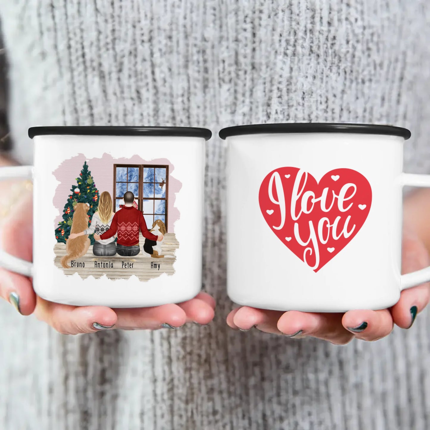 Personalisierte Tasse mit Pärchen und 2 Hunden - Weihnachtstasse