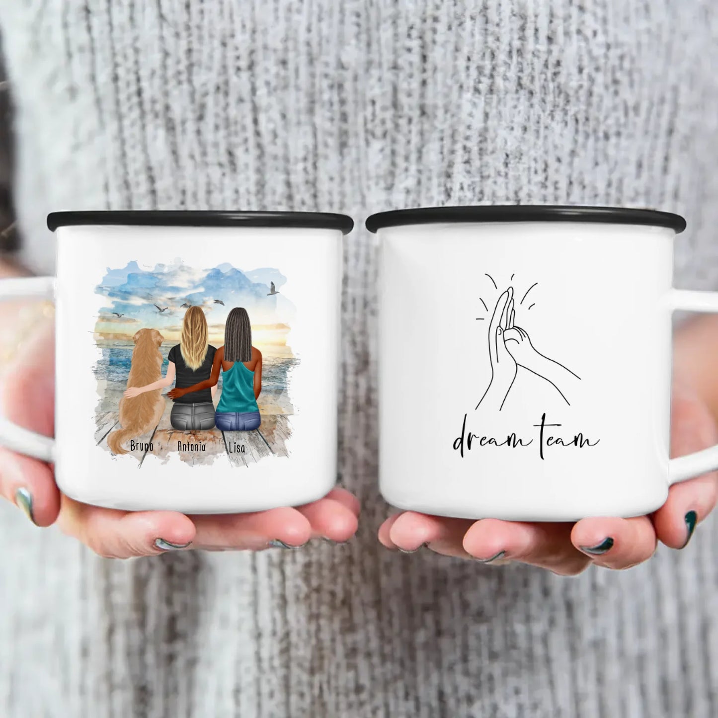 Personalisierte Tasse mit Hund und Frauen (1 Hund + 2 Frauen)