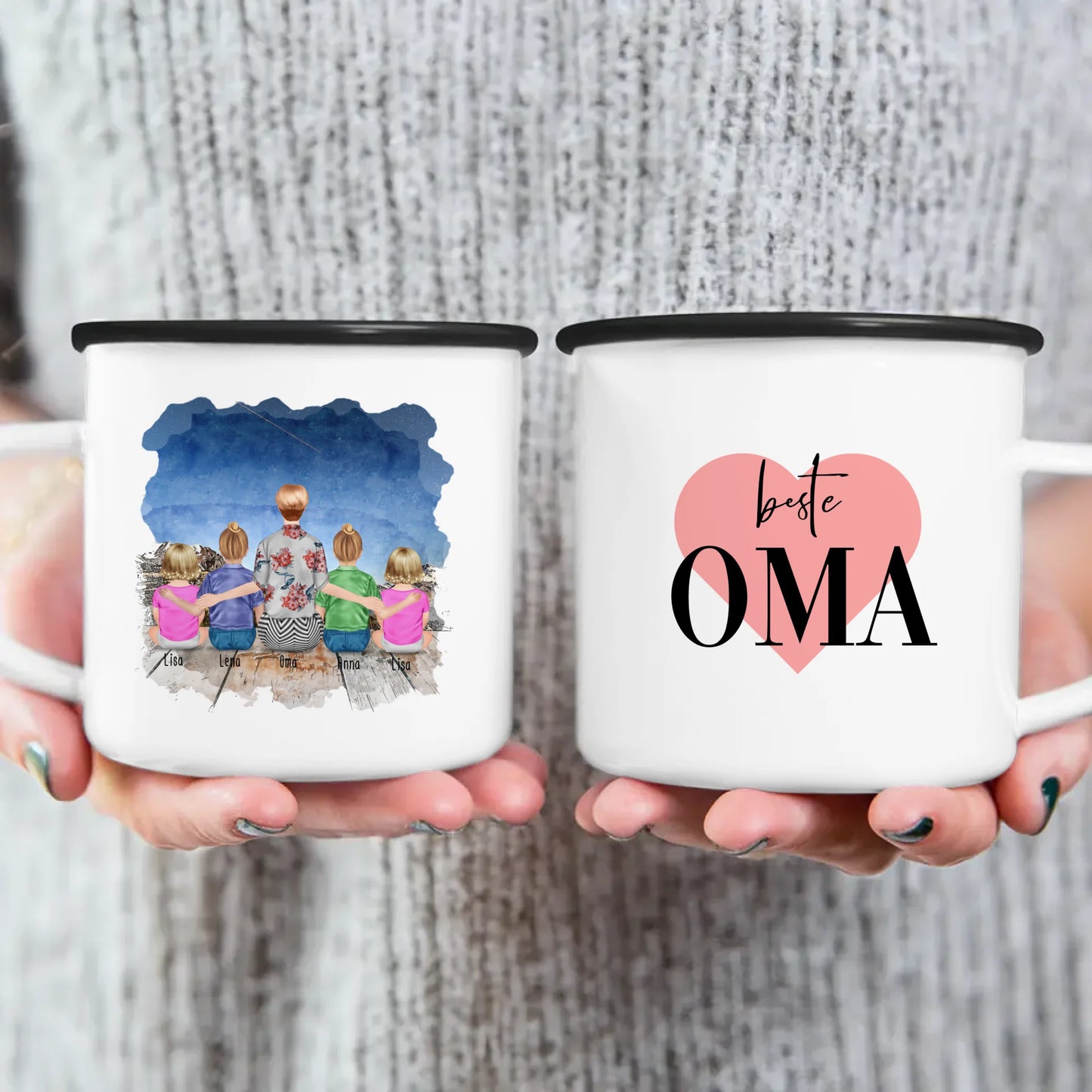 Personalisierte Tasse für Oma (2 Kinder + 2 Babys + 1 Oma)