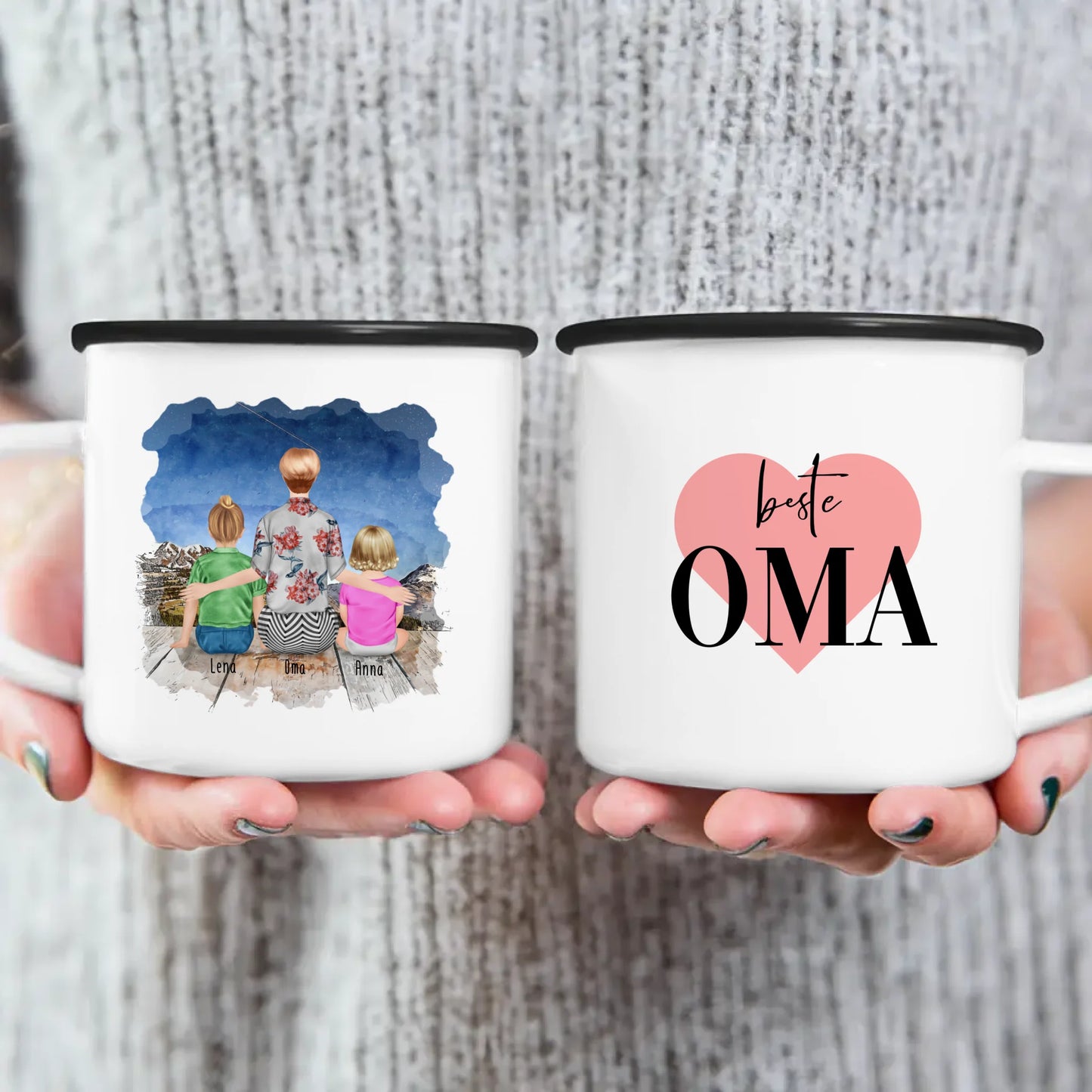 Personalisierte Tasse für Oma (1 Baby + 1 Kind + 1 Oma)