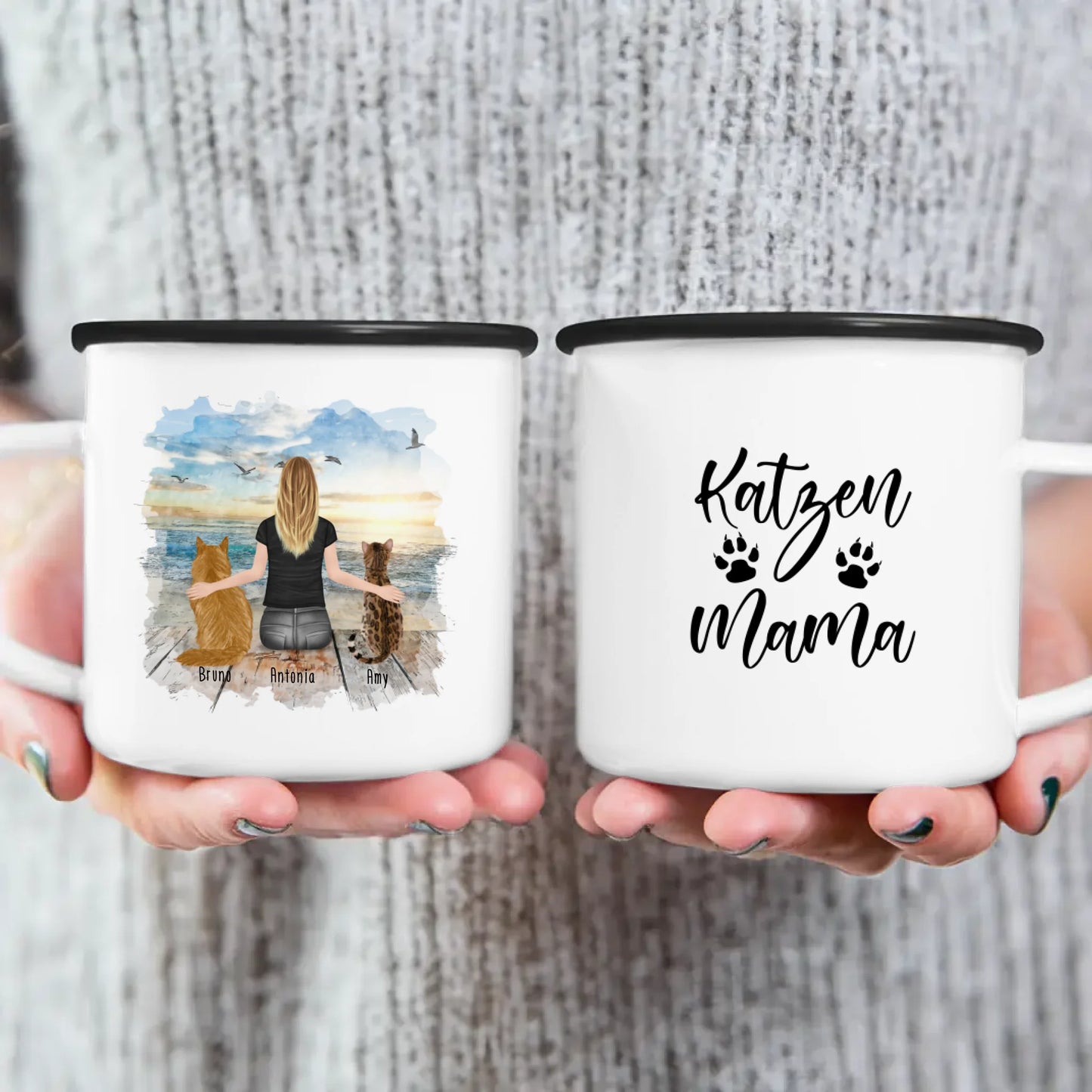 Personalisierte Tasse mit Katze und Frau (2 Katzen + 1 Frau)