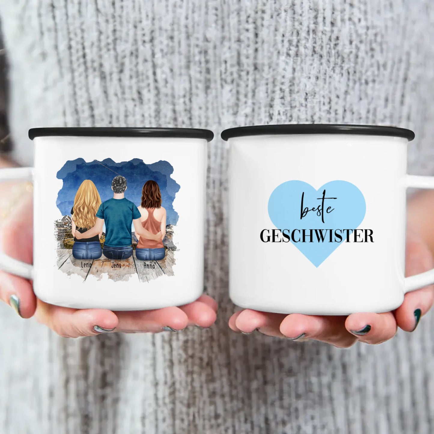 Personalisierte Tasse mit Bruder/Schwester (2 Schwester + 1 Bruder)