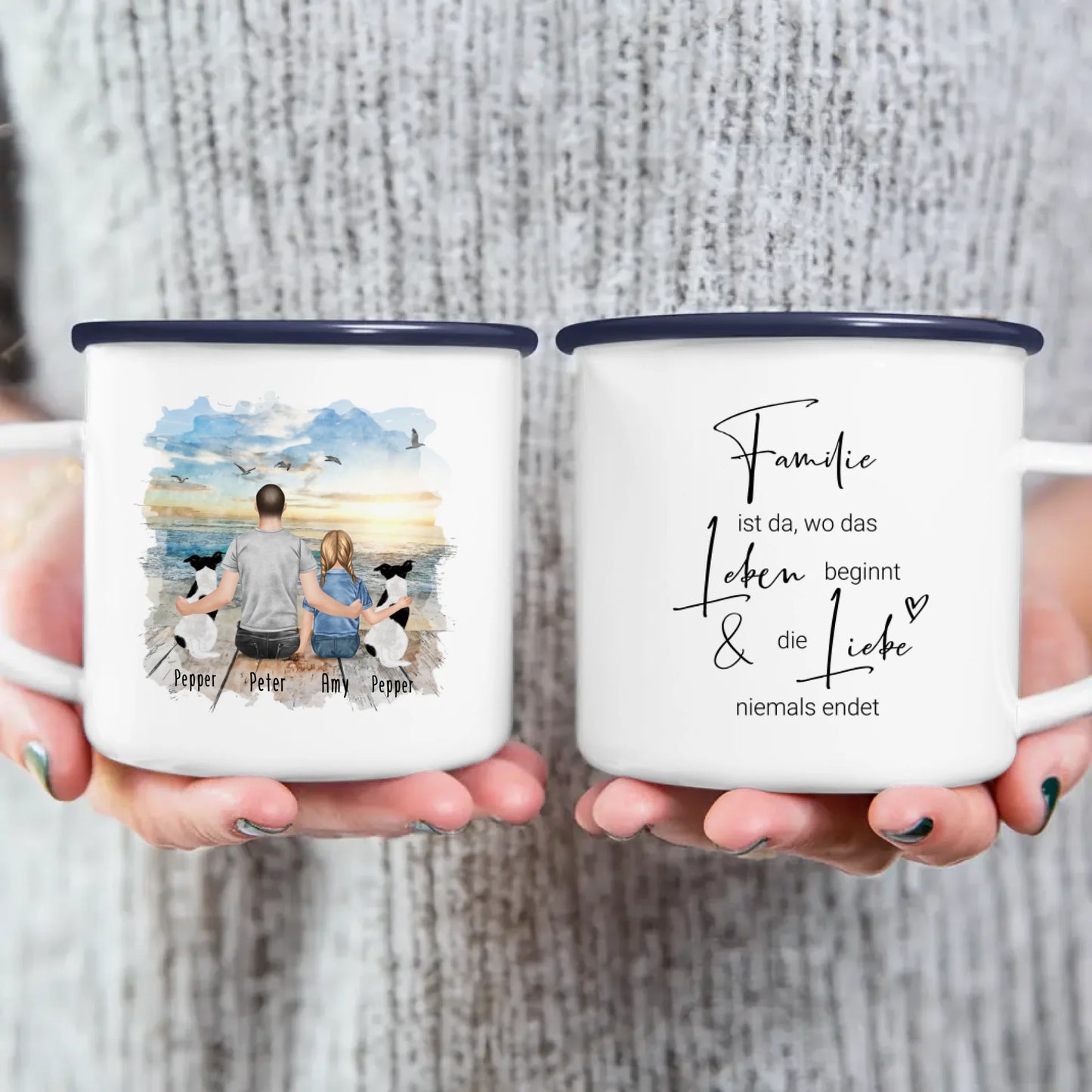 Personalisierte Tasse - 1 Mann + 1 Kind + 2 Hunde