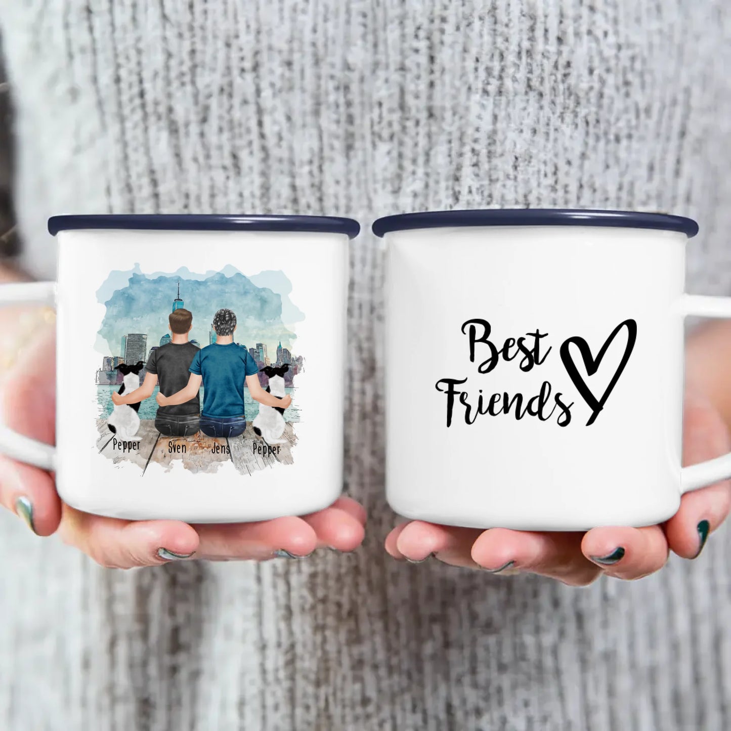 Personalisierte Tasse - 2 Männer + 2 Hunde