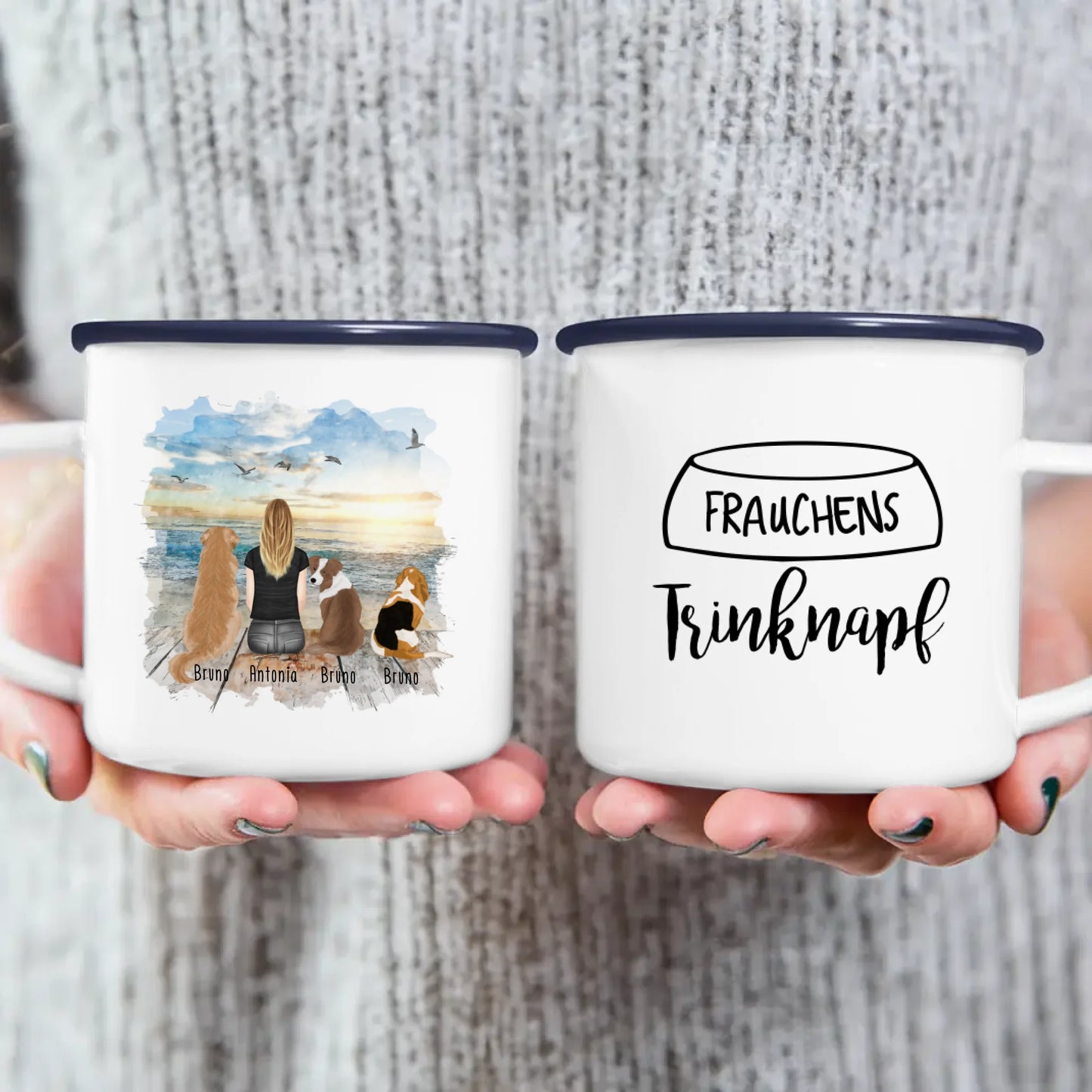 Personalisierte Tasse 1 Frau + 3 Hunde