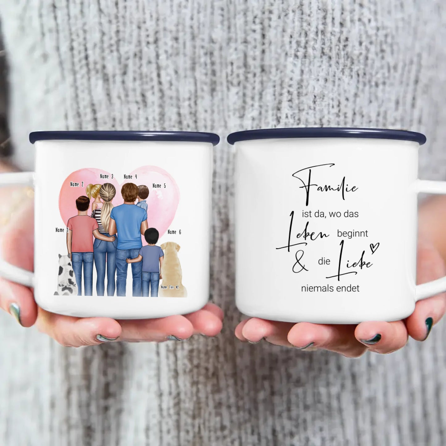 Personalisierte Tasse - Familie + 1-4 Kinder + 1-2 Hunde/Katzen