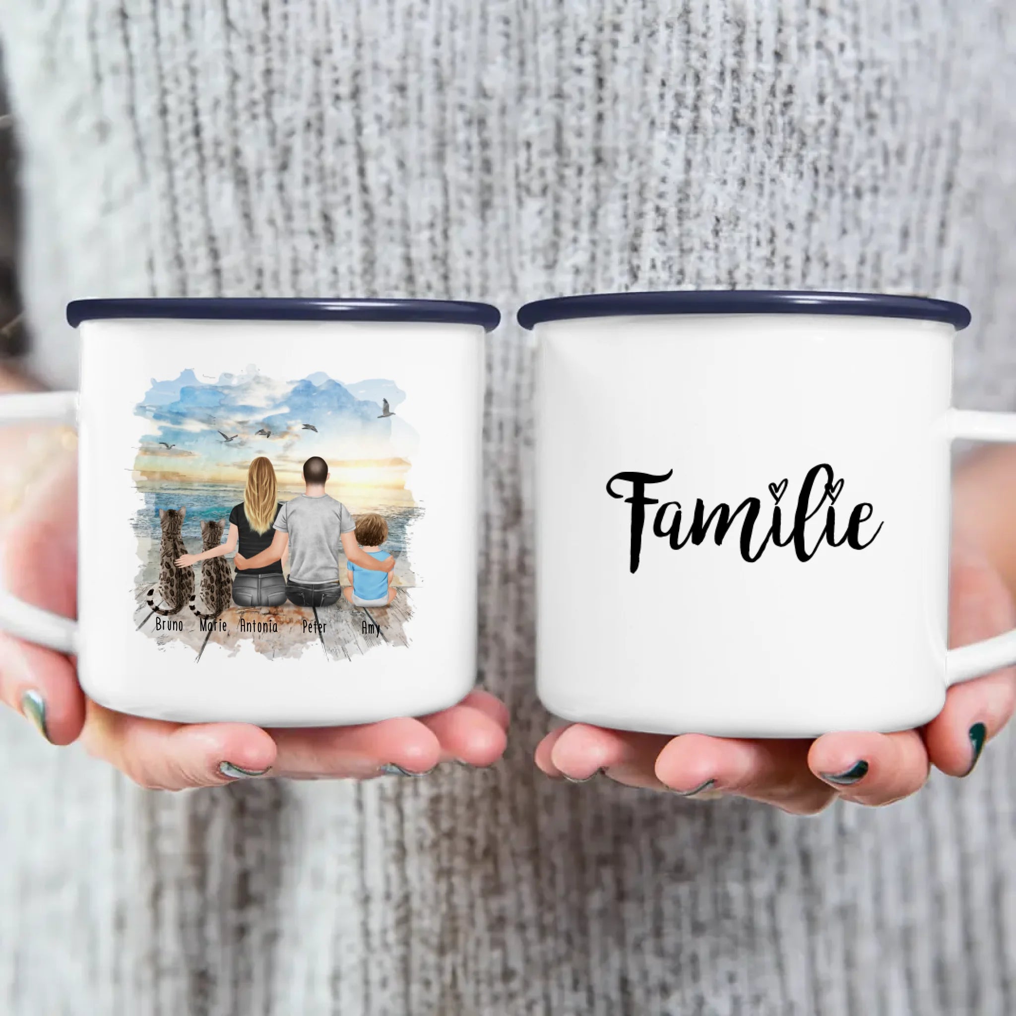 Personalisierte Tasse mit Familie + 2 Katzen (1 Baby) (Version 2)