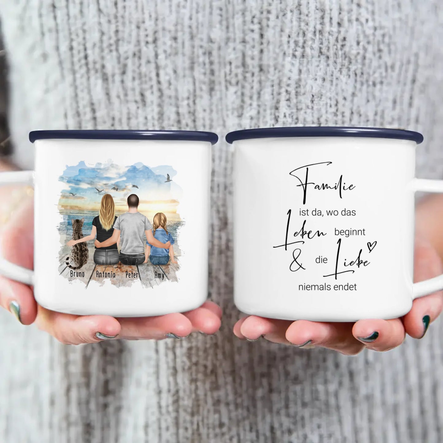 Personalisierte Tasse mit Familie + 1 Katze (1 Kind)